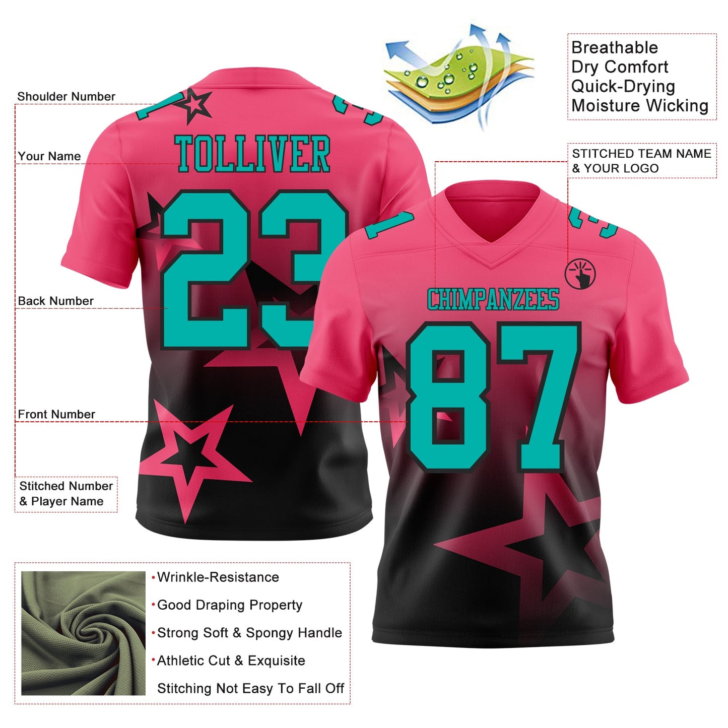 Custom Neon Pink Aqua-Black Authentic Star Gradient 7V7 Flag Football Jersey view 2