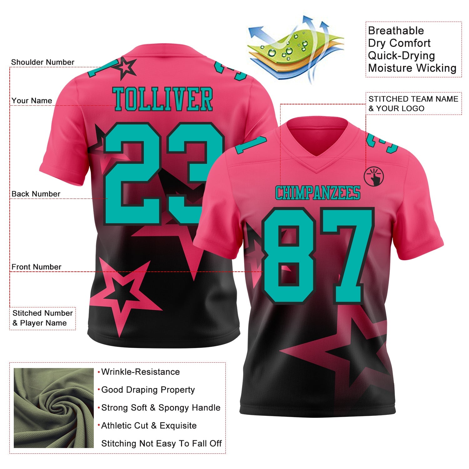 Custom Neon Pink Aqua-Black Authentic Star Gradient 7V7 Flag Football Jersey view 2