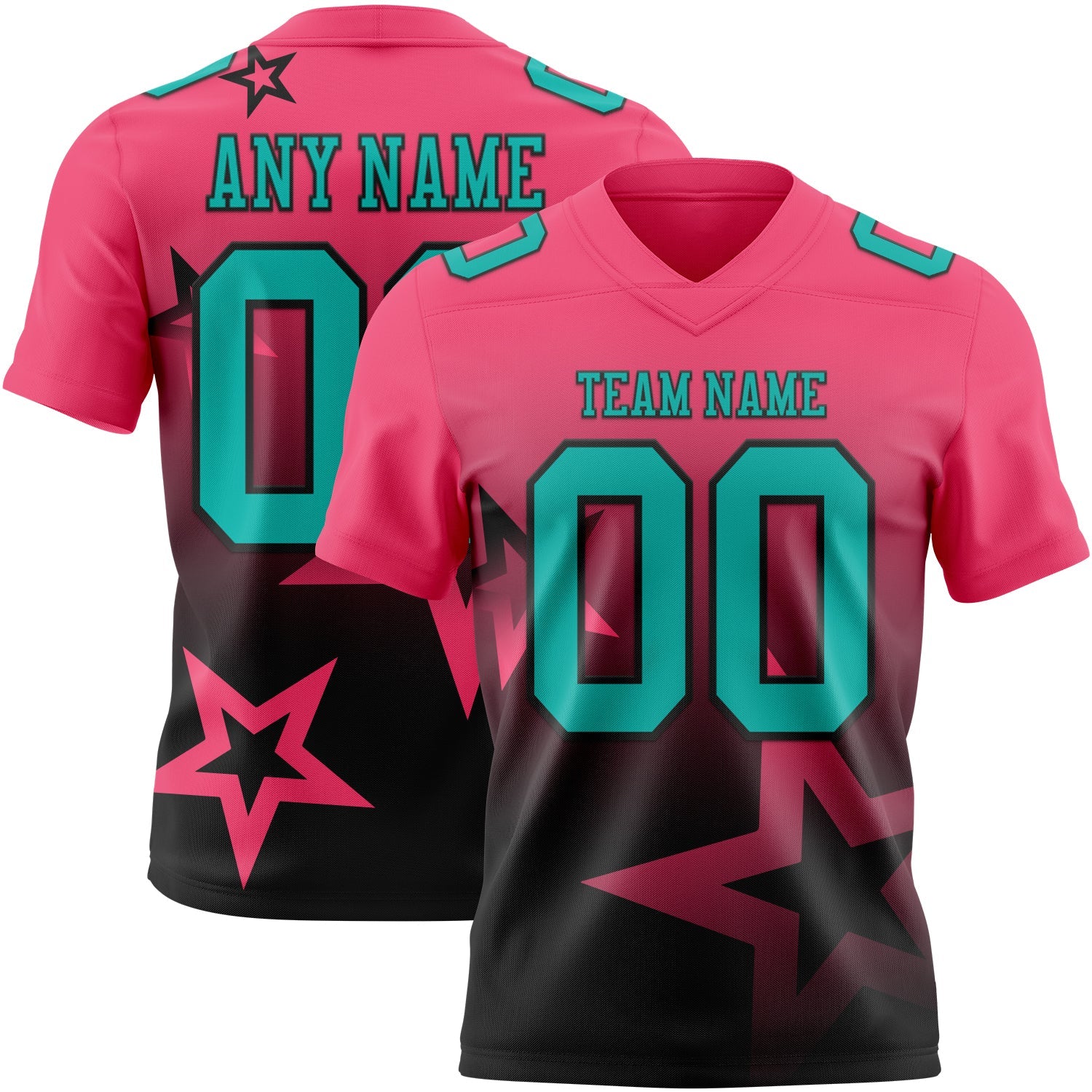 Custom Neon Pink Aqua-Black Authentic Star Gradient 7V7 Flag Football Jersey - Main View