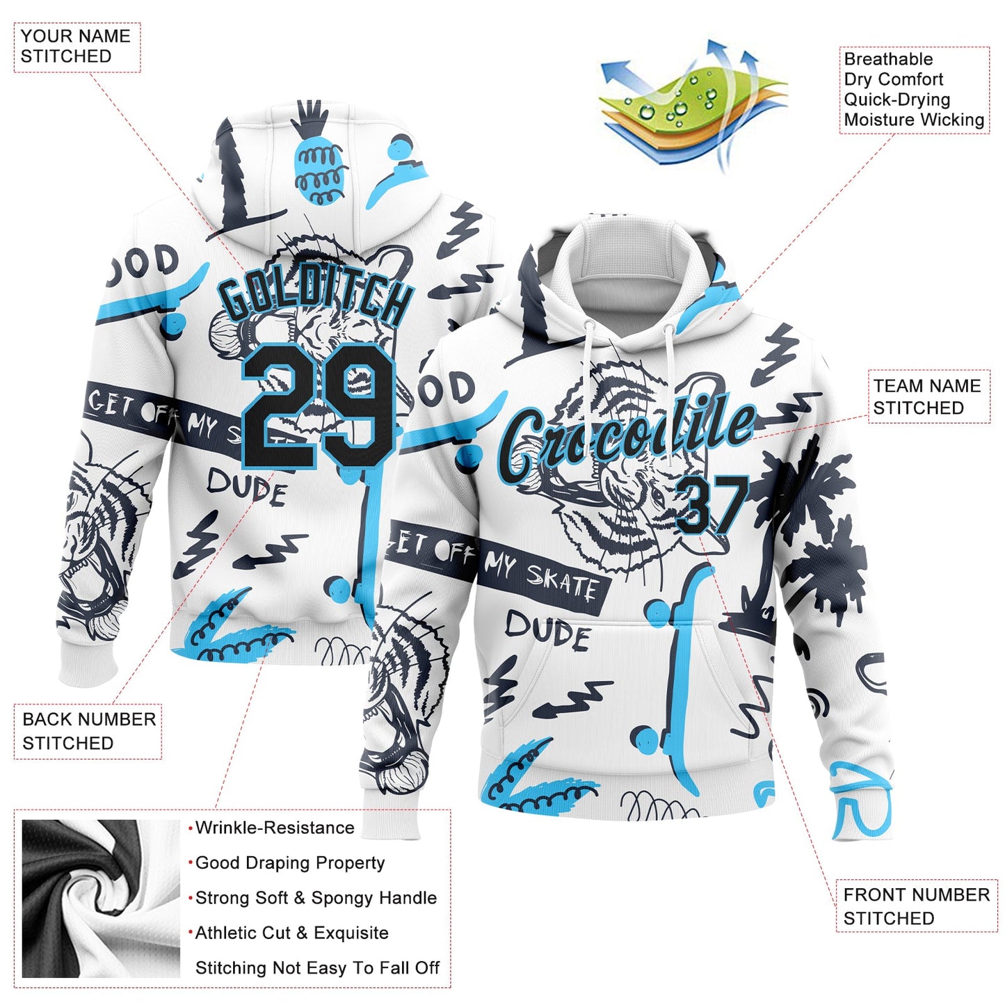 Custom Stitched White Black-Sky Blue 3D Pattern Design Tiger And Hawaii Palm Tree Sports Pullover Sweatshirt Hoodie view 2