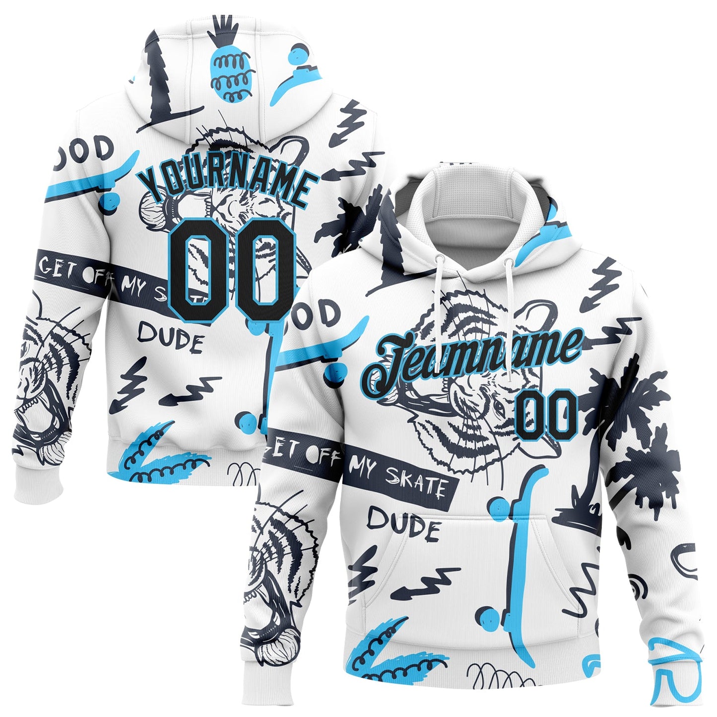 Custom Stitched White Black-Sky Blue 3D Pattern Design Tiger And Hawaii Palm Tree Sports Pullover Sweatshirt Hoodie - Main View