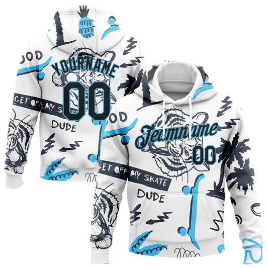 Custom Stitched White Black-Sky Blue 3D Pattern Design Tiger And Hawaii Palm Tree Sports Pullover Sweatshirt Hoodie - Main View