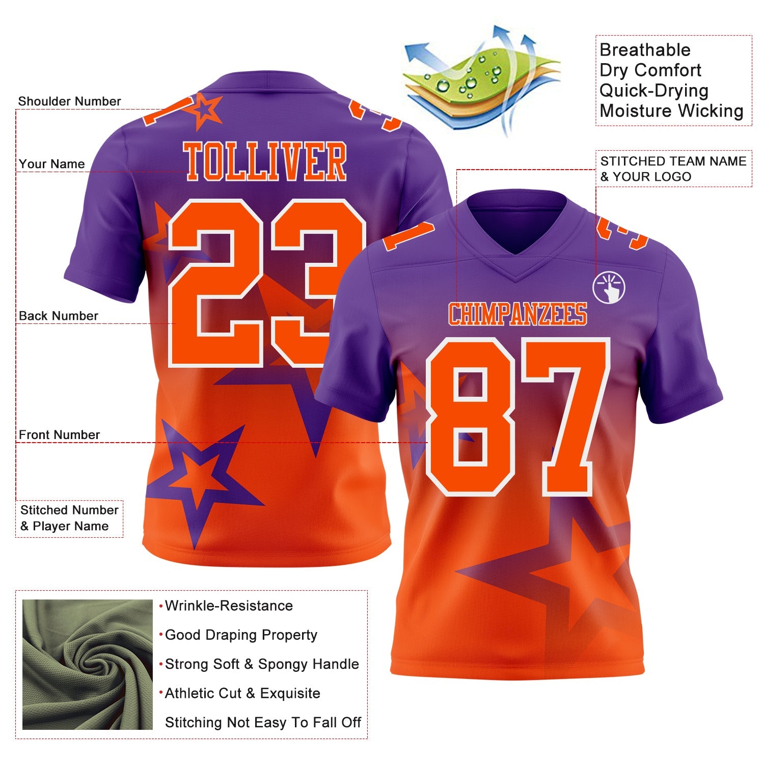 Custom Purple Orange-White Authentic Star Gradient 7V7 Flag Football Jersey view 2