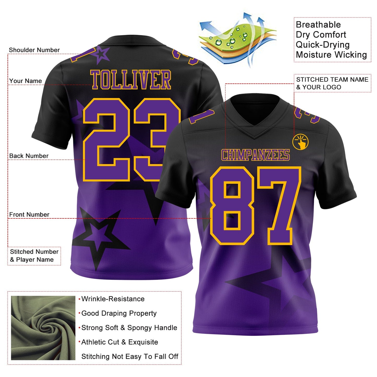 Custom Black Purple-Gold Authentic Star Gradient 7V7 Flag Football Jersey view 2