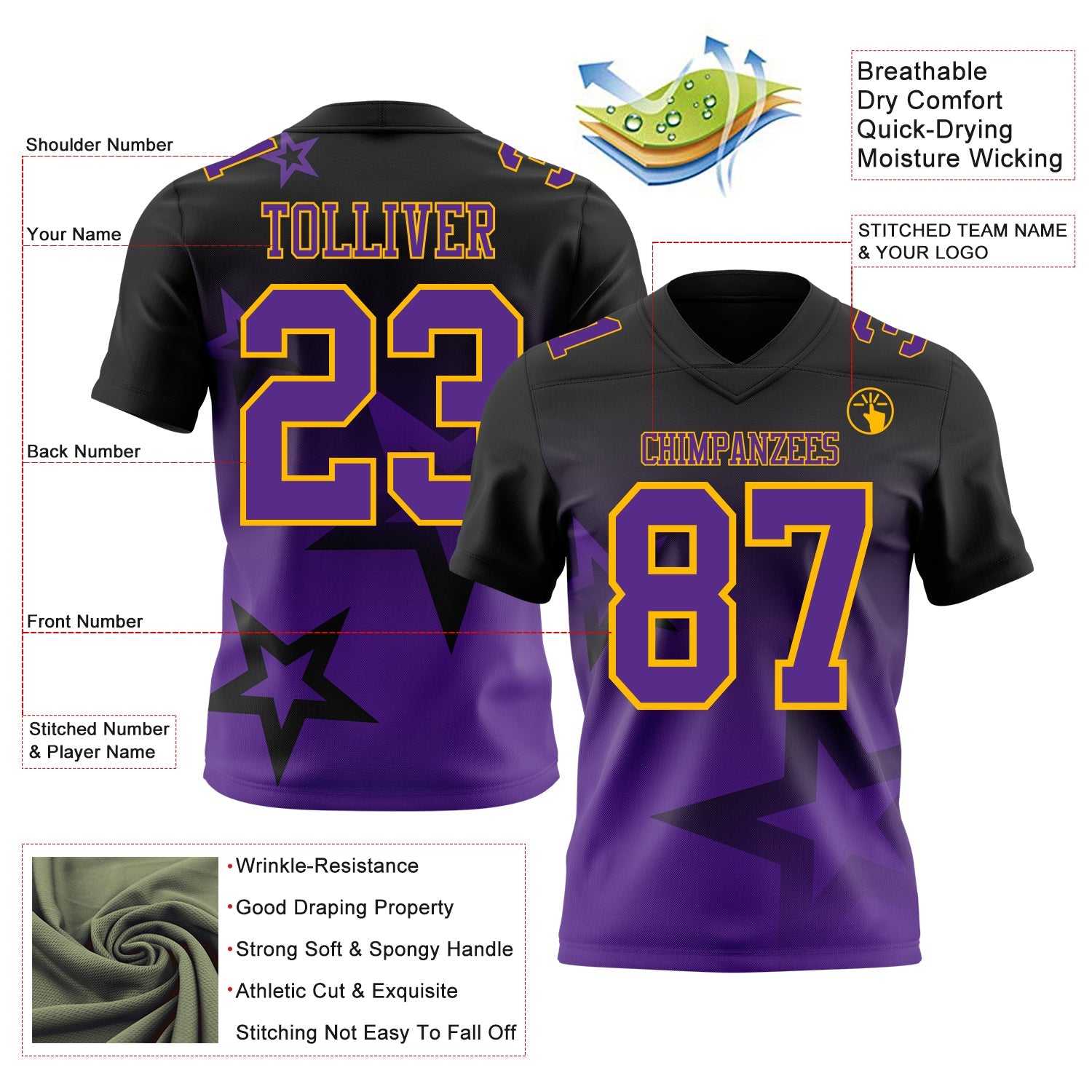Custom Black Purple-Gold Authentic Star Gradient 7V7 Flag Football Jersey view 2