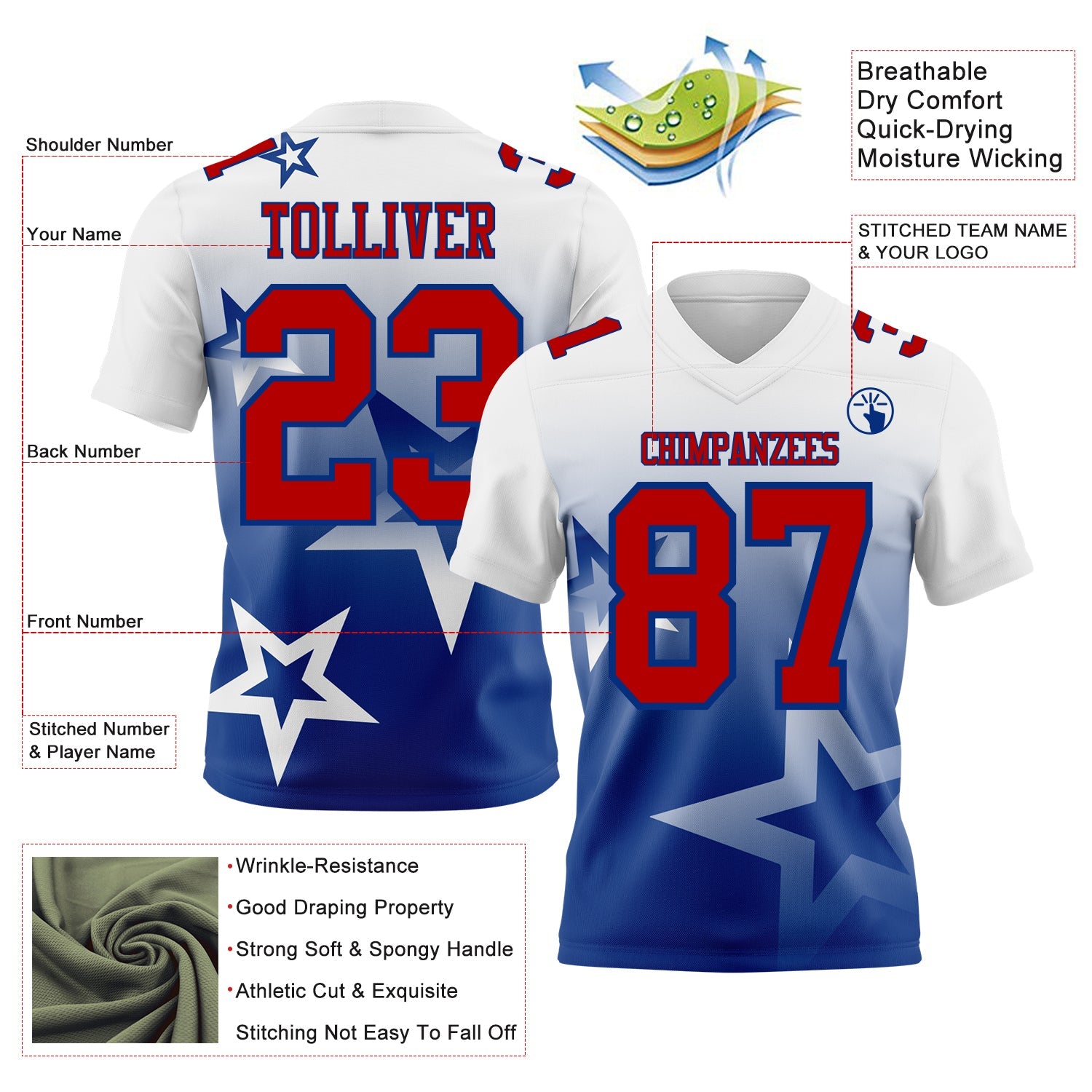 Custom White Red-Royal Authentic Star Gradient 7V7 Flag Football Jersey view 2