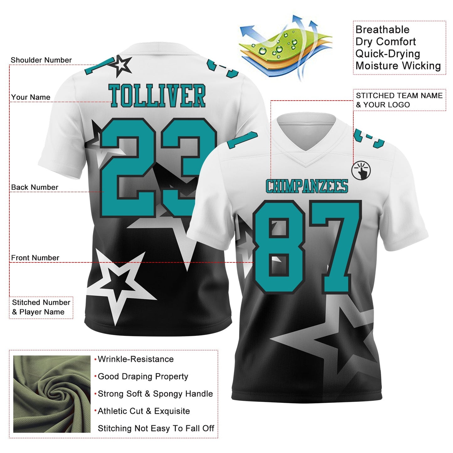 Custom White Teal-Black Authentic Star Gradient 7V7 Flag Football Jersey view 2