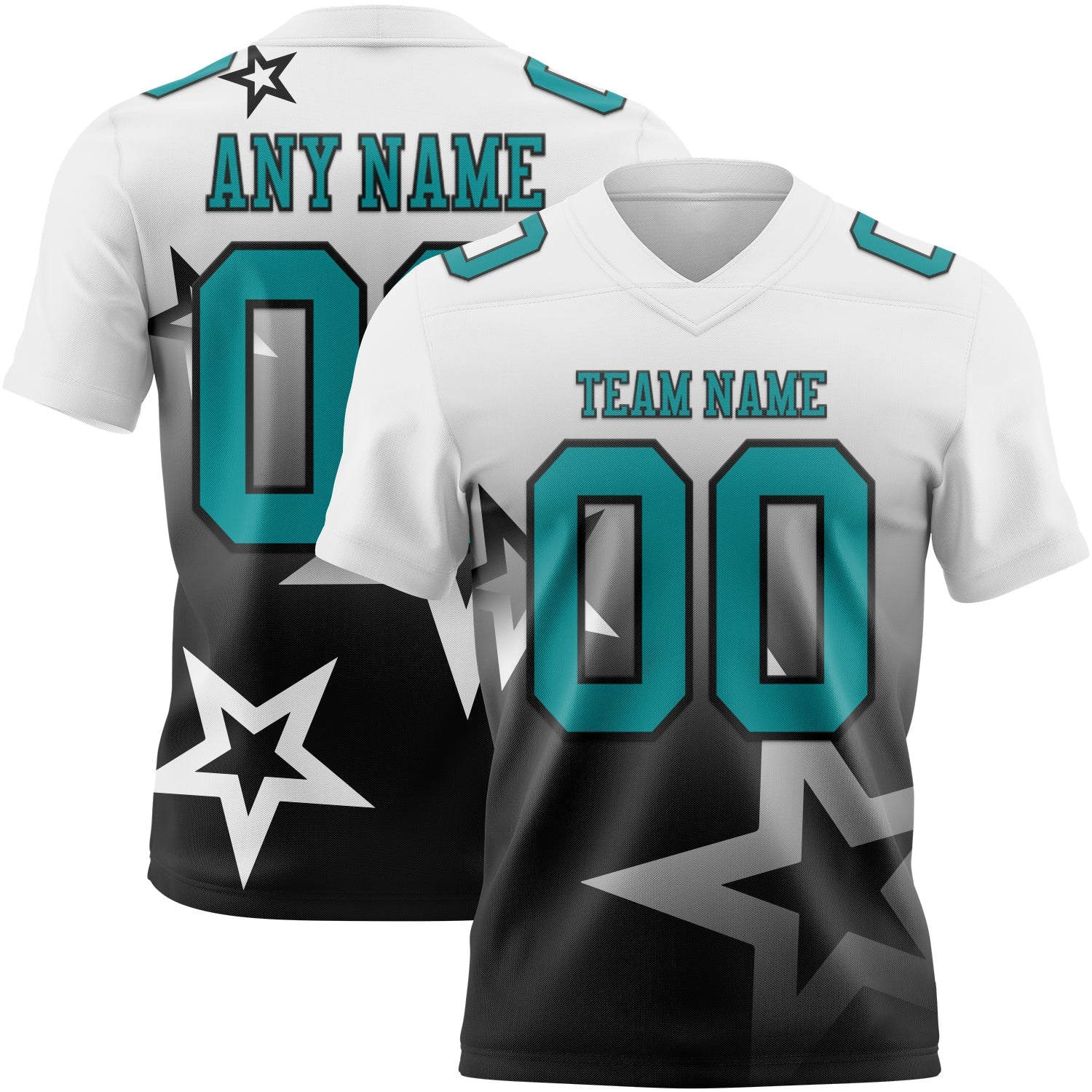 Custom White Teal-Black Authentic Star Gradient 7V7 Flag Football Jersey - Main View