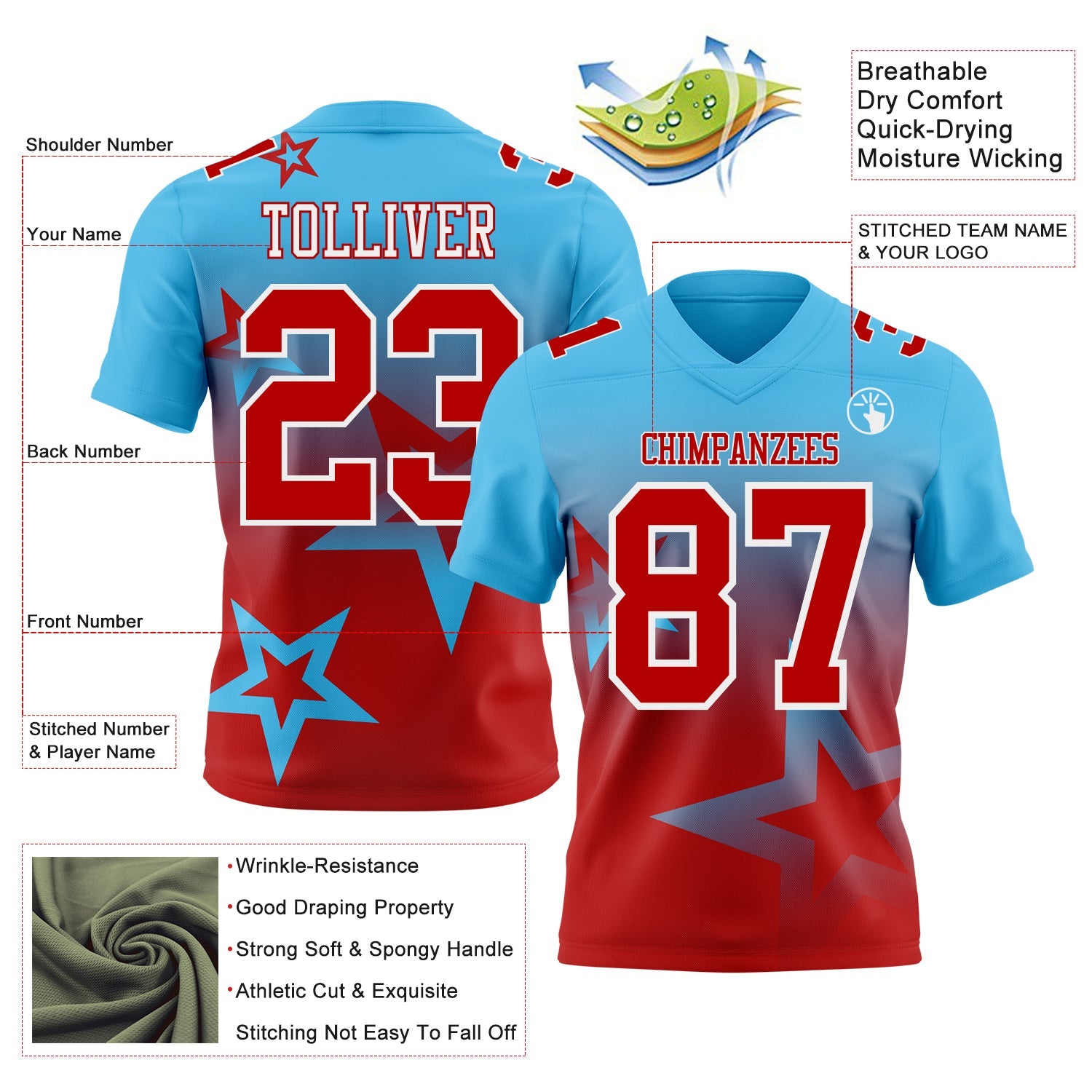Custom Sky Blue Red-White Authentic Star Gradient 7V7 Flag Football Jersey view 2