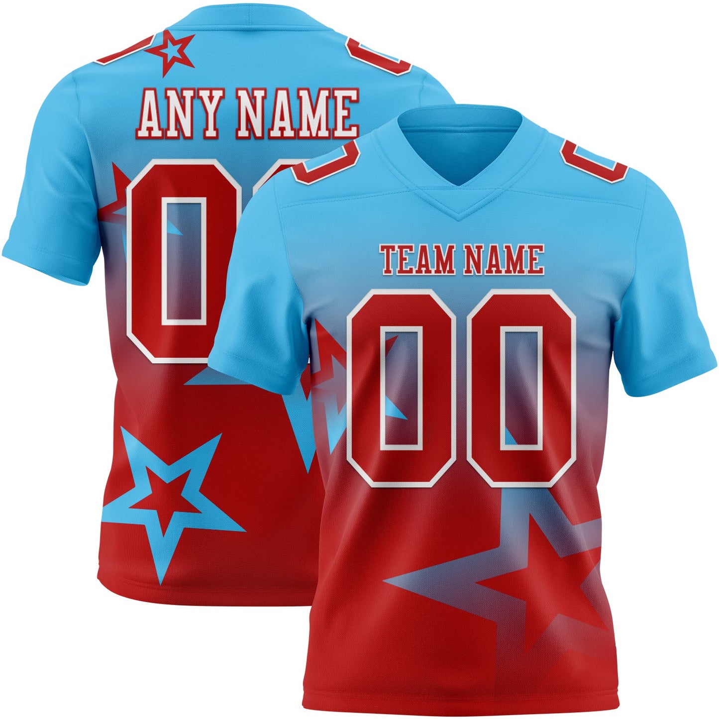 Custom Sky Blue Red-White Authentic Star Gradient 7V7 Flag Football Jersey - Main View