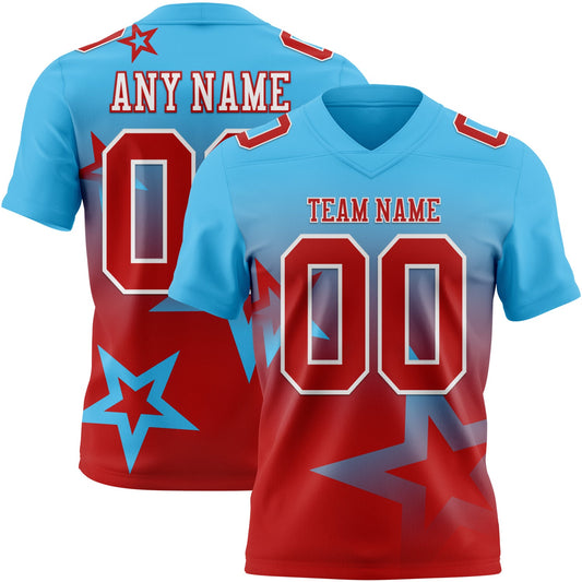 Custom Sky Blue Red-White Authentic Star Gradient 7V7 Flag Football Jersey - Main View