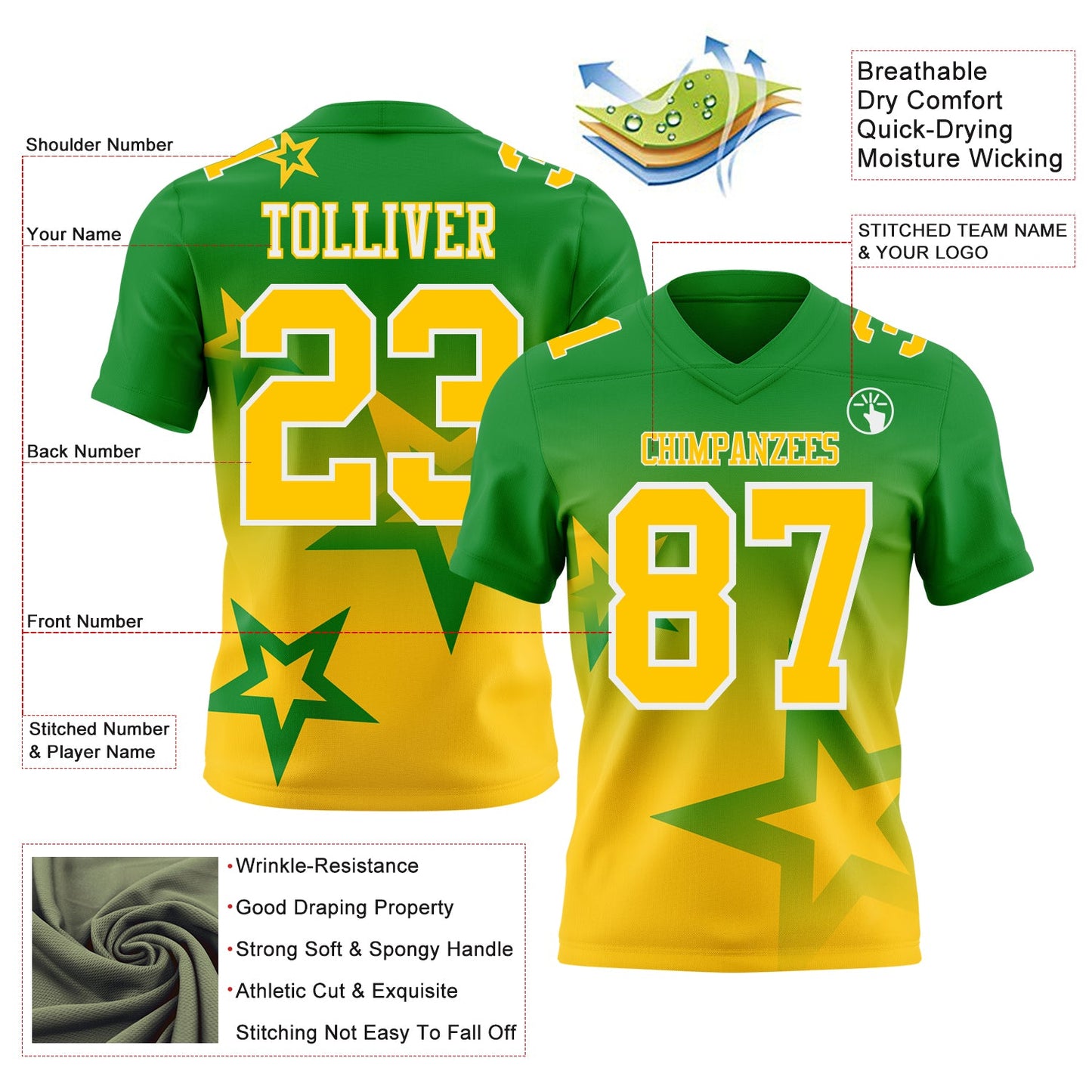 Custom Grass Green Yellow-White Authentic Star Gradient 7V7 Flag Football Jersey view 2