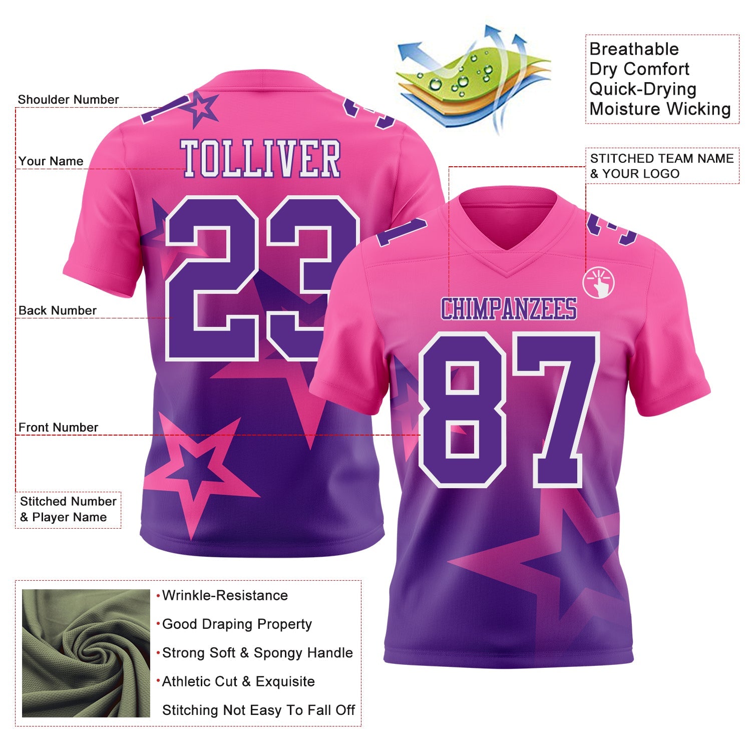 Custom Pink Purple-White Authentic Star Gradient 7V7 Flag Football Jersey view 2
