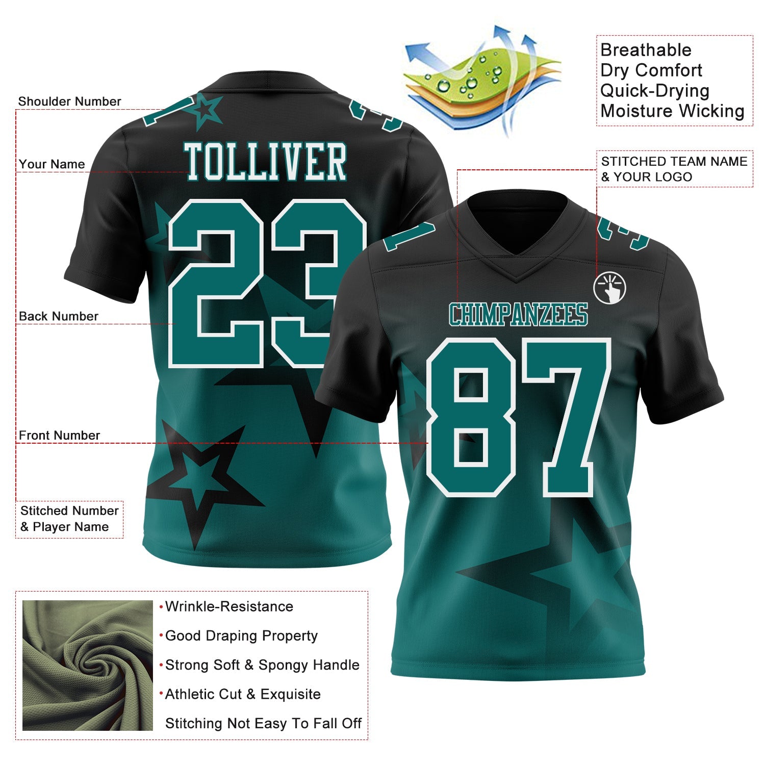 Custom Black Teal-White Authentic Star Gradient 7V7 Flag Football Jersey view 2