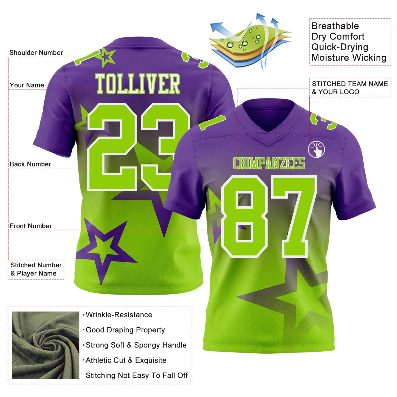 Custom Purple Neon Green-White Authentic Star Gradient 7V7 Flag Football Jersey view 2