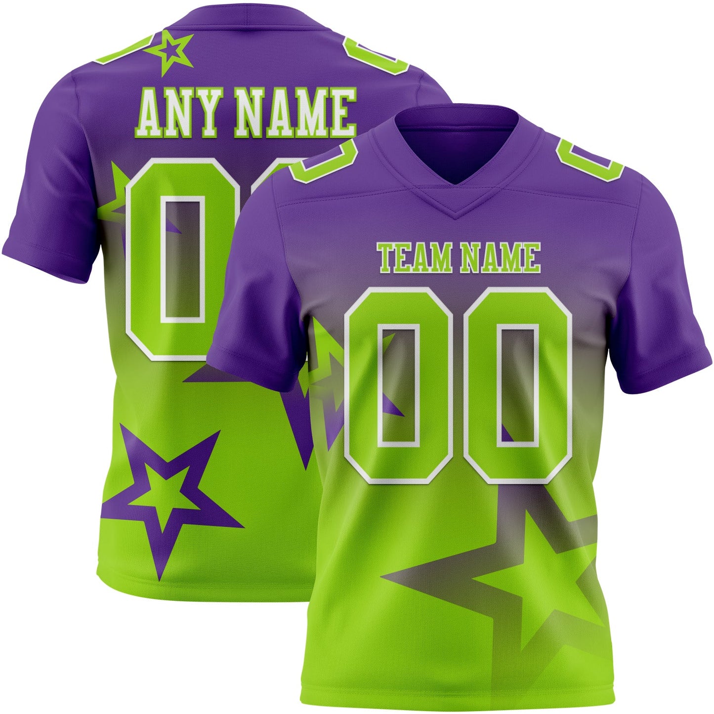 Custom Purple Neon Green-White Authentic Star Gradient 7V7 Flag Football Jersey - Main View