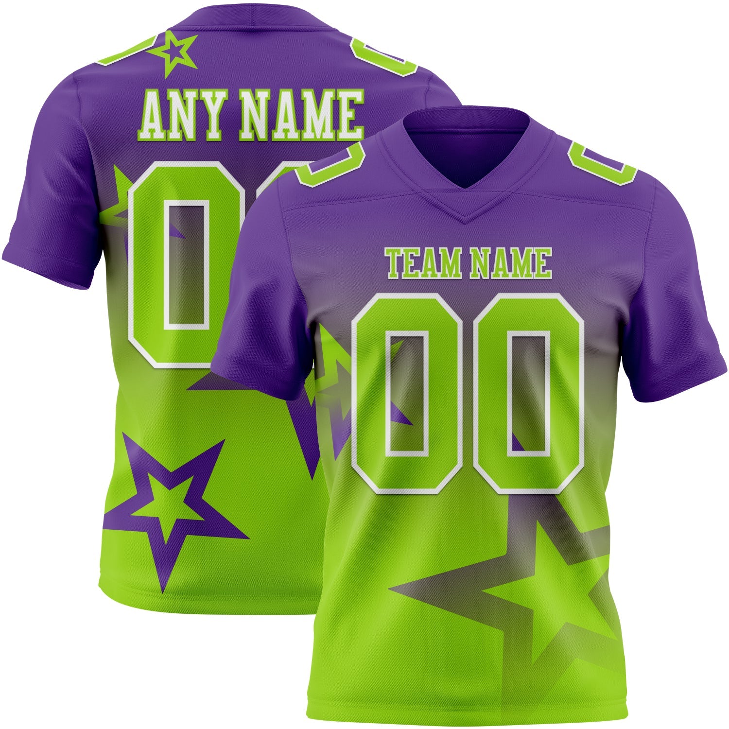 Custom Purple Neon Green-White Authentic Star Gradient 7V7 Flag Football Jersey - Main View
