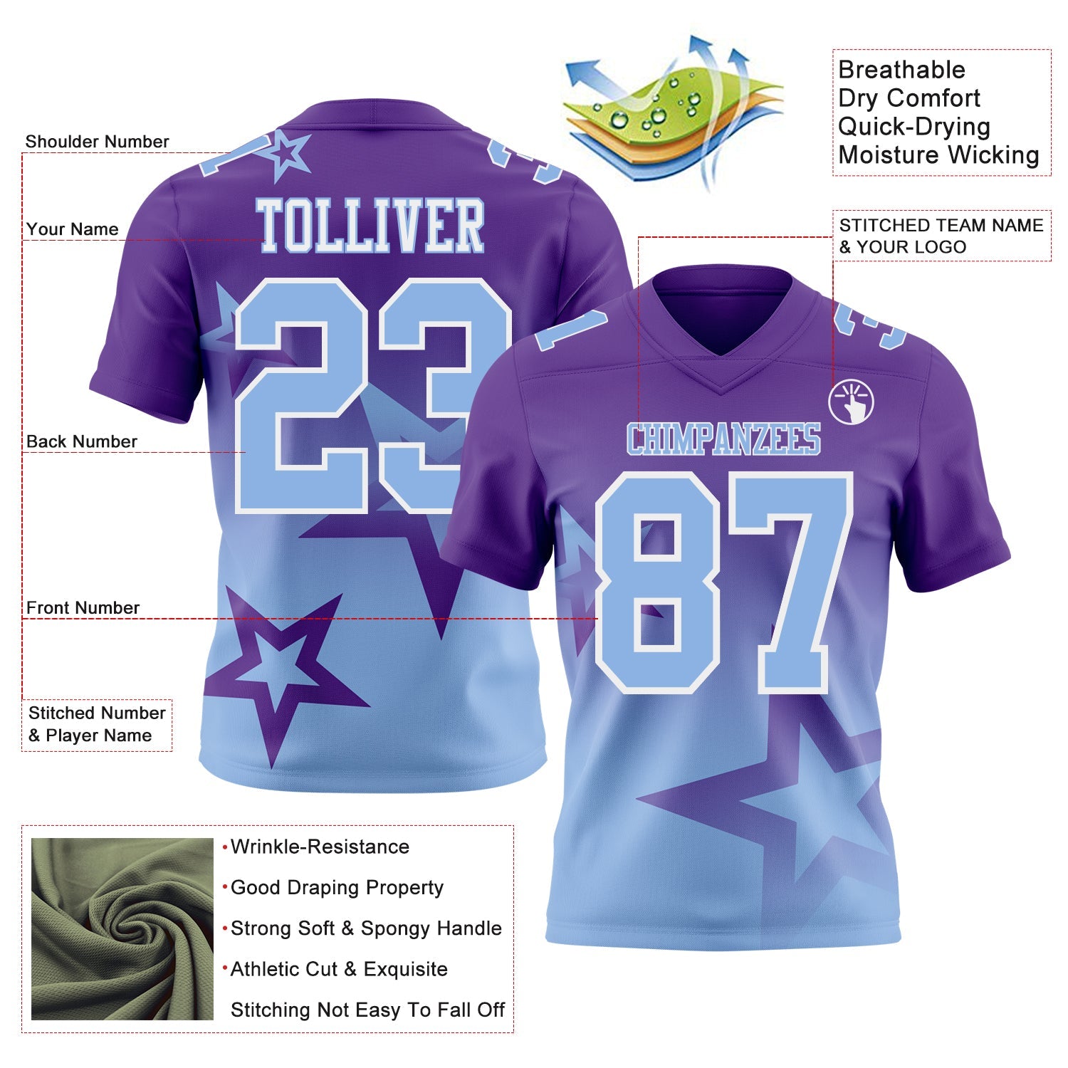 Custom Purple Light Blue-White Authentic Star Gradient 7V7 Flag Football Jersey view 2
