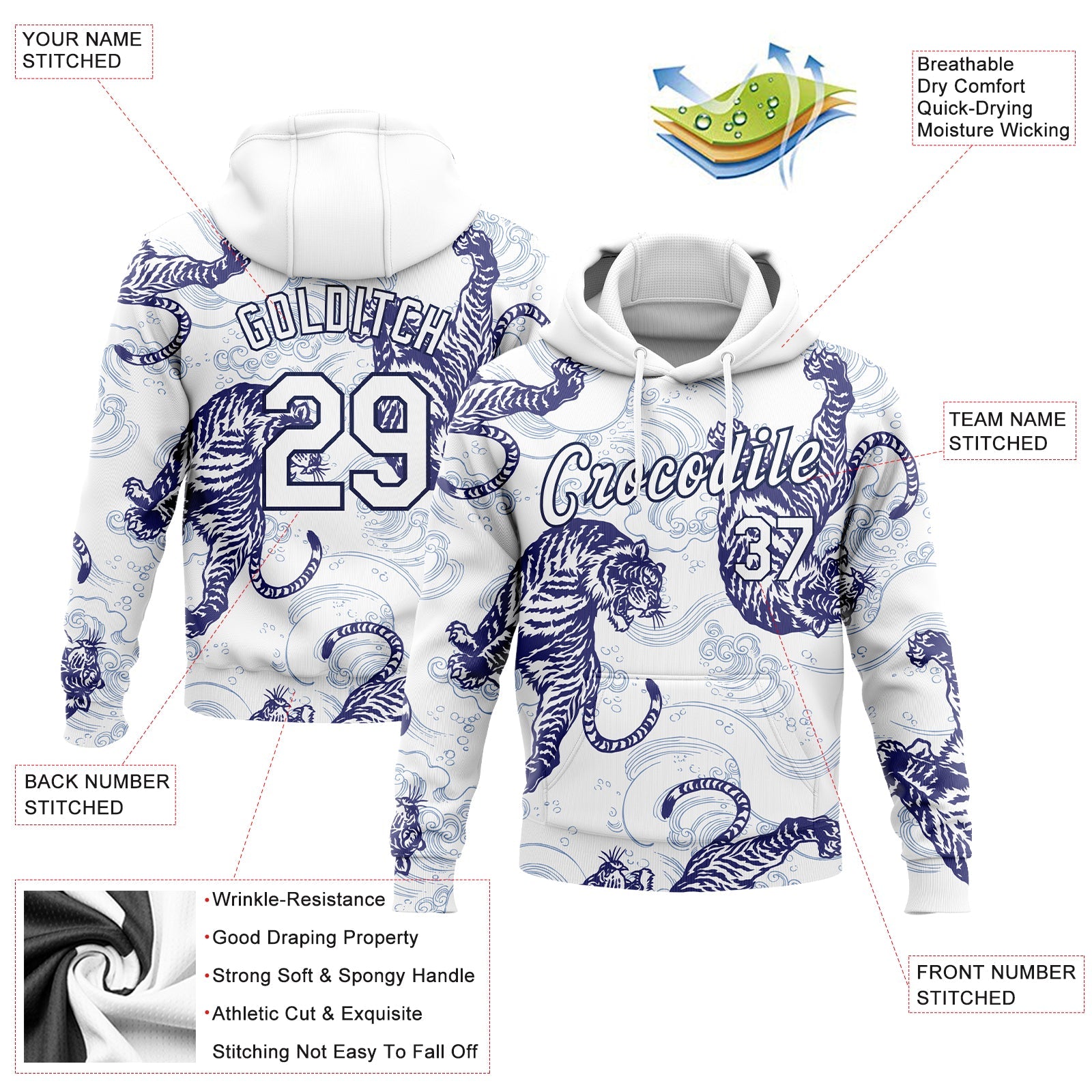 Custom Stitched White Navy 3D Pattern Design Tiger Sports Pullover Sweatshirt Hoodie view 2