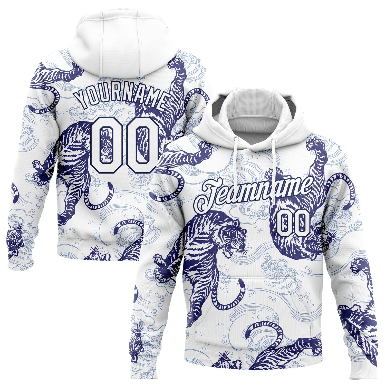 Custom Stitched White Navy 3D Pattern Design Tiger Sports Pullover Sweatshirt Hoodie - Main View