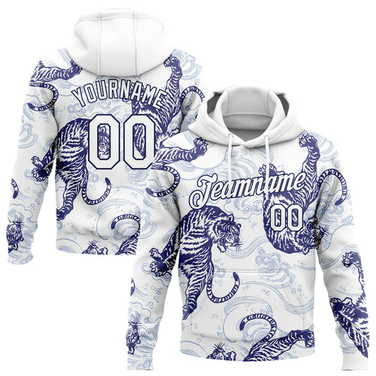 Custom Stitched White Navy 3D Pattern Design Tiger Sports Pullover Sweatshirt Hoodie - Main View