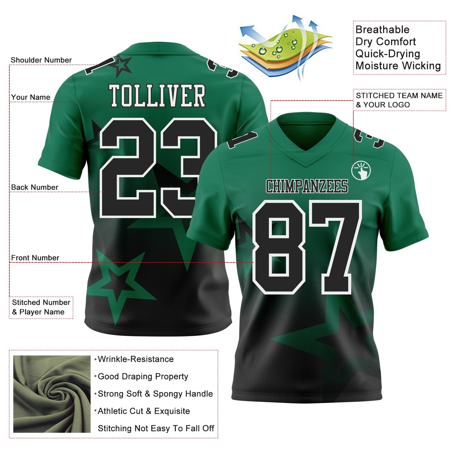 Custom Kelly Green Black-White Authentic Star Gradient 7V7 Flag Football Jersey view 2