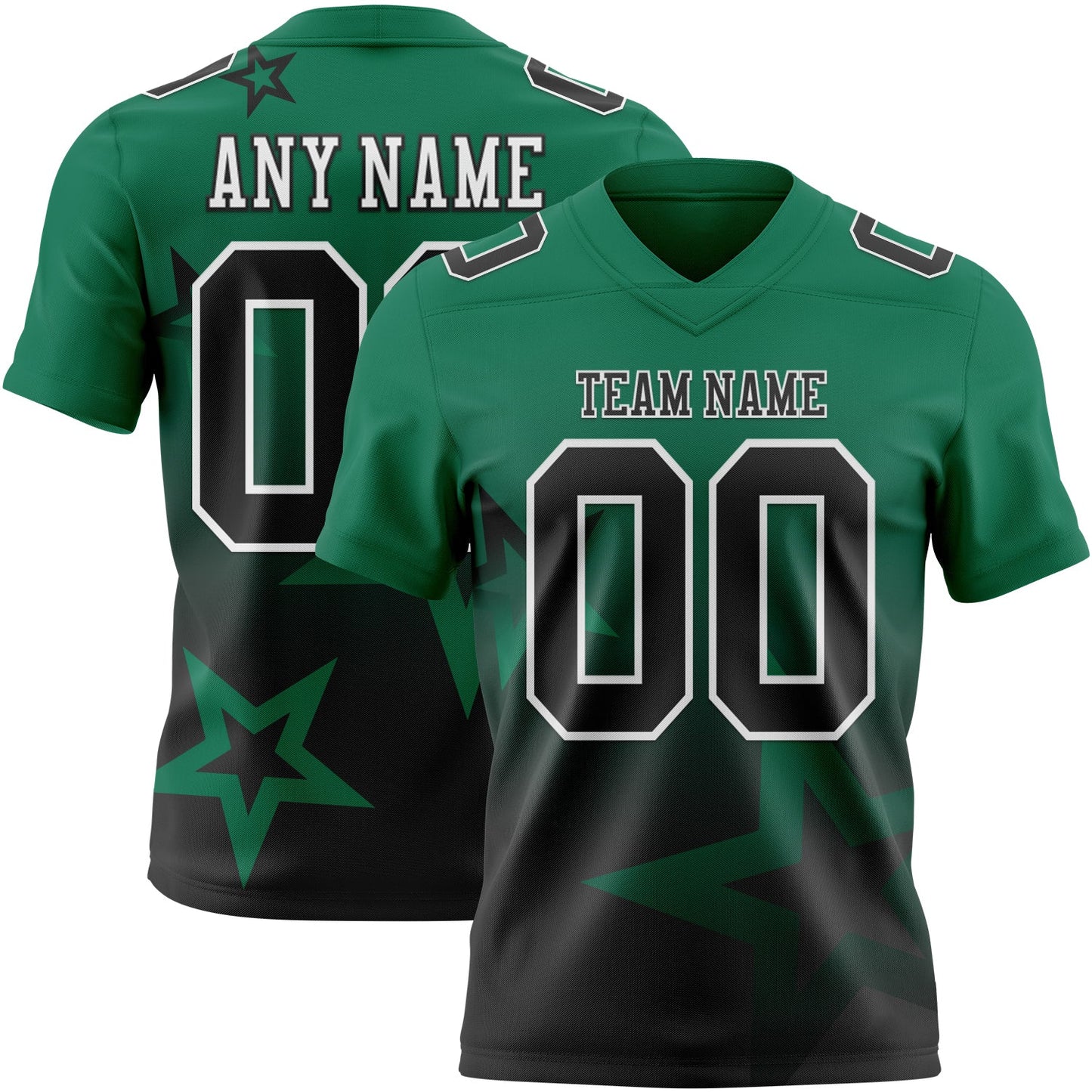Custom Kelly Green Black-White Authentic Star Gradient 7V7 Flag Football Jersey - Main View