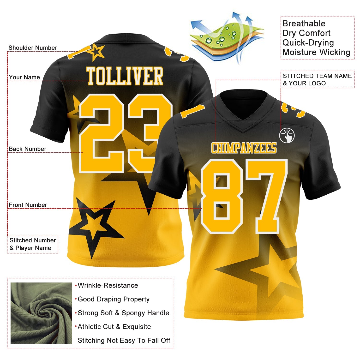 Custom Black Gold-White Authentic Star Gradient 7V7 Flag Football Jersey view 2