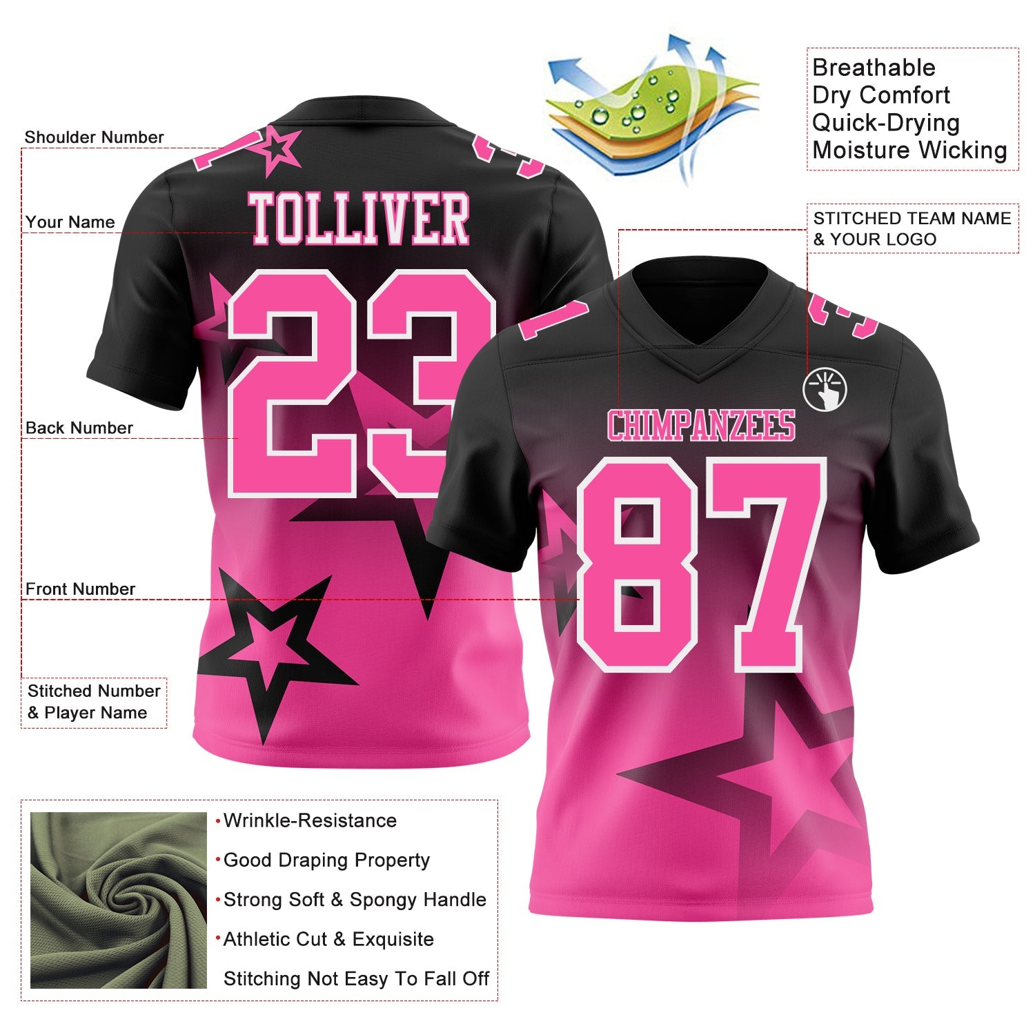 Custom Black Pink-White Authentic Star Gradient 7V7 Flag Football Jersey view 2