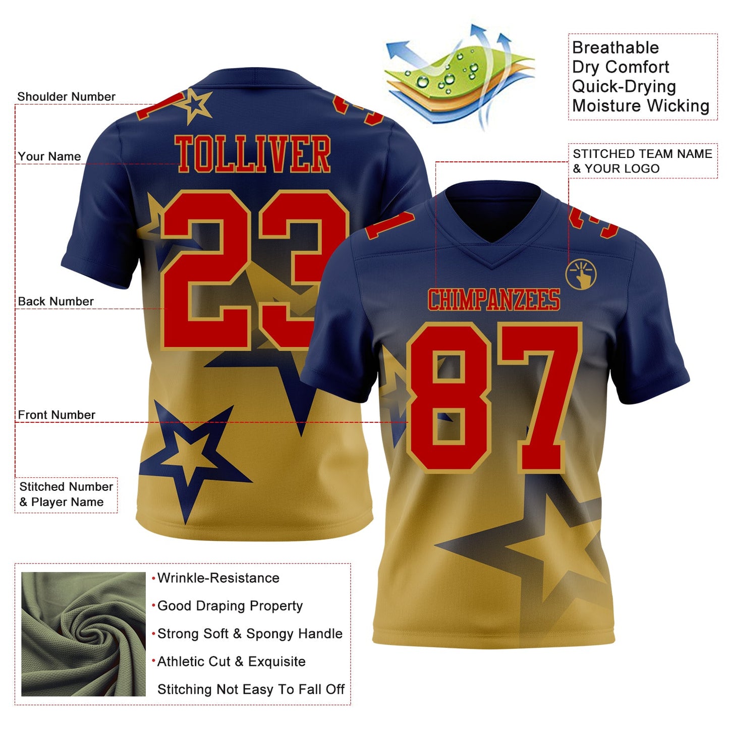 Custom Navy Red-Old Gold Authentic Star Gradient 7V7 Flag Football Jersey view 2