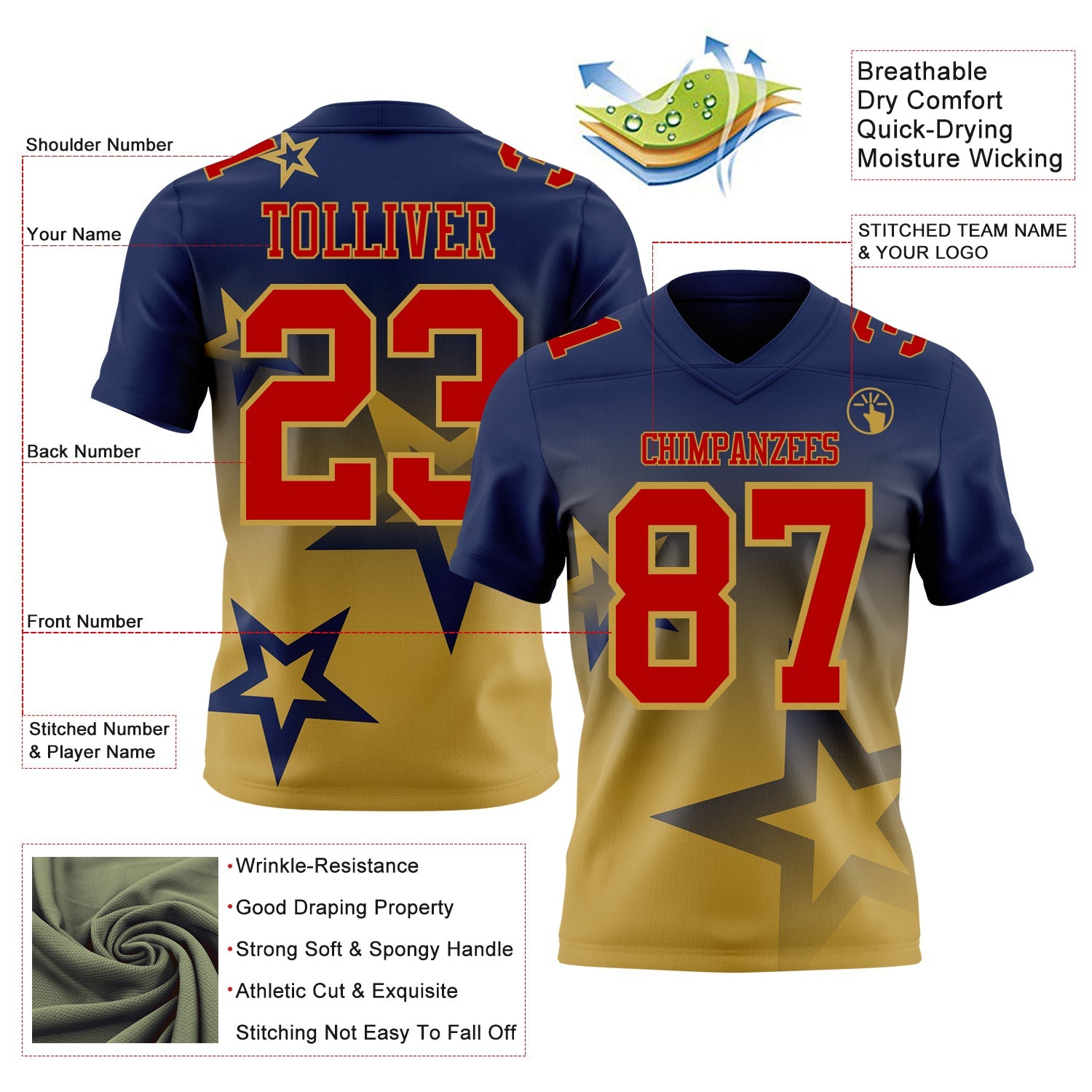 Custom Navy Red-Old Gold Authentic Star Gradient 7V7 Flag Football Jersey view 2