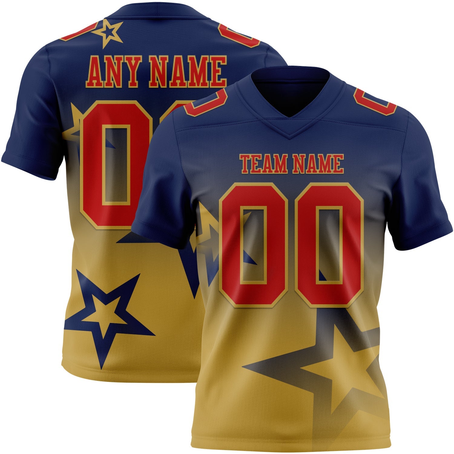 Custom Navy Red-Old Gold Authentic Star Gradient 7V7 Flag Football Jersey - Main View