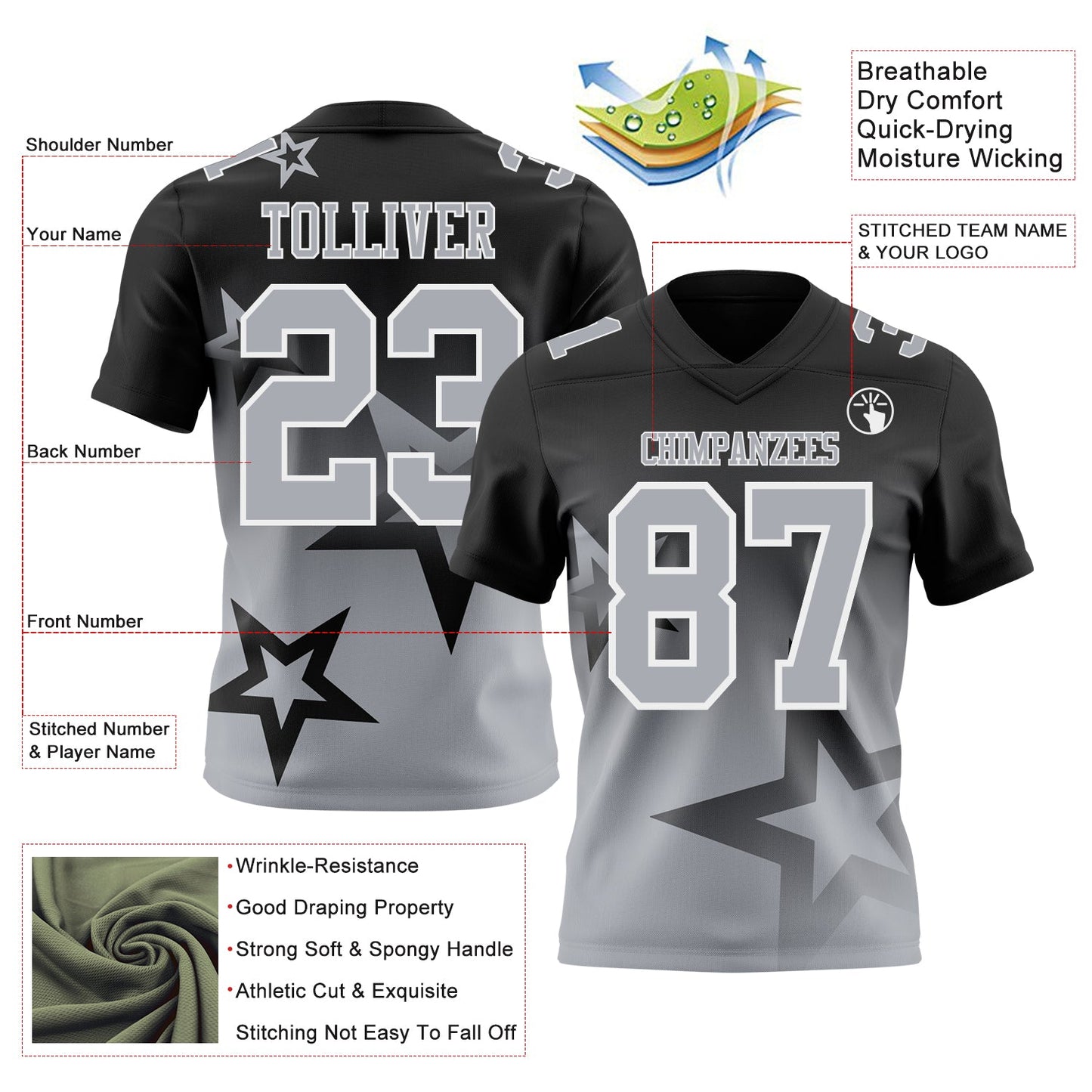 Custom Black Gray-White Authentic Star Gradient 7V7 Flag Football Jersey view 2