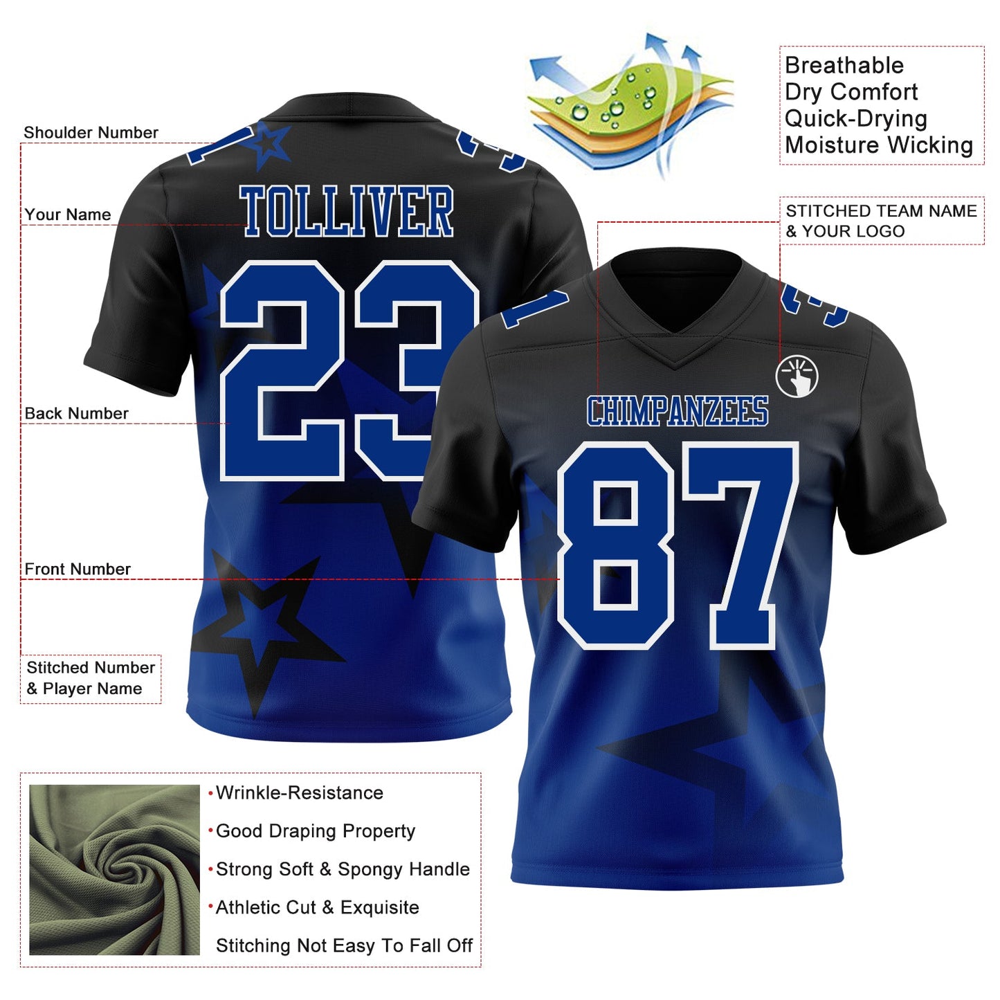 Custom Black Royal-White Authentic Star Gradient 7V7 Flag Football Jersey view 2