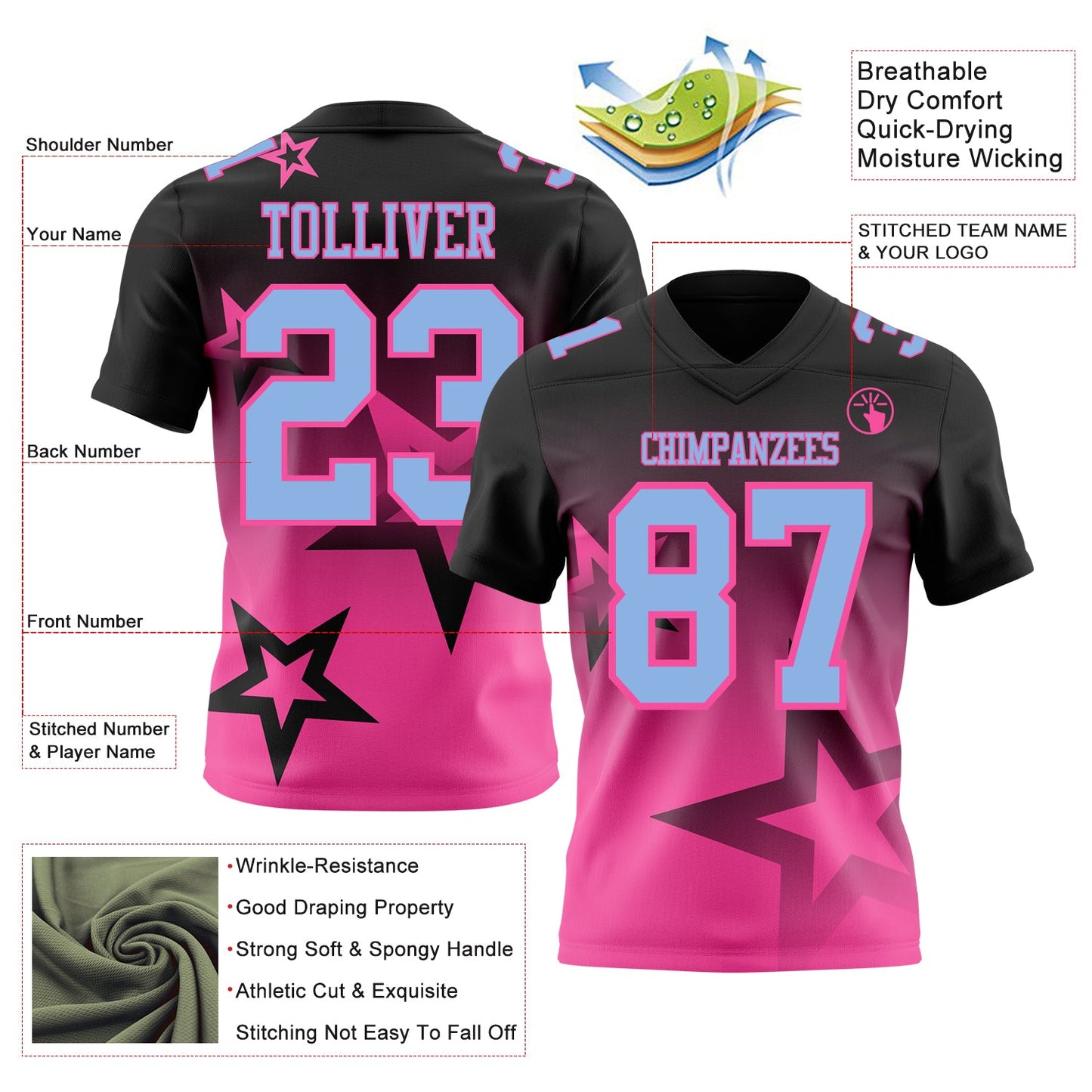 Custom Black Light Blue-Pink Authentic Star Gradient 7V7 Flag Football Jersey view 2