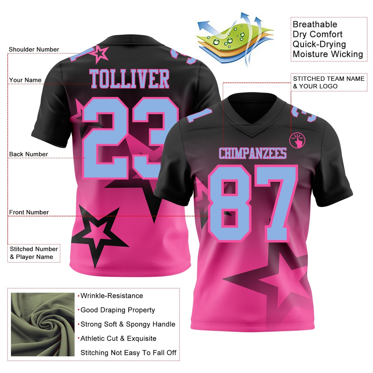 Custom Black Light Blue-Pink Authentic Star Gradient 7V7 Flag Football Jersey view 2
