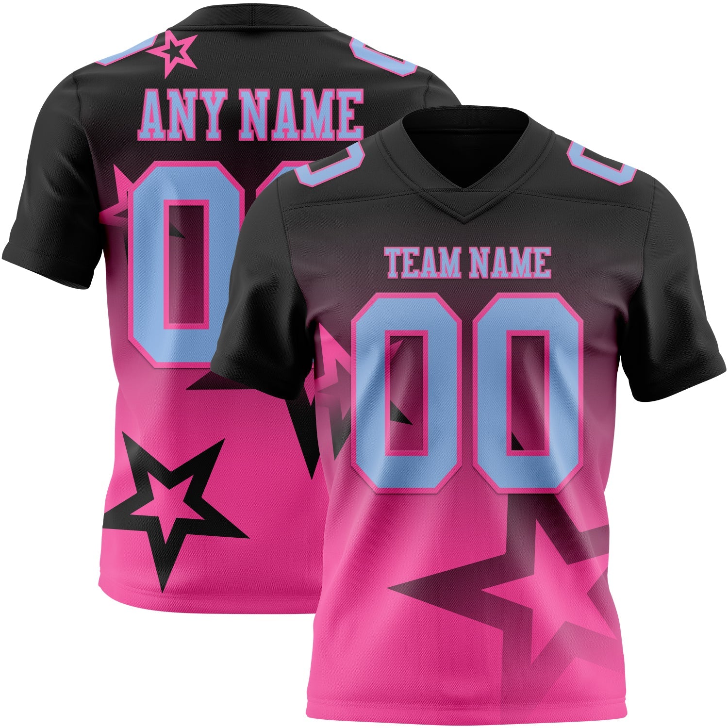 Custom Black Light Blue-Pink Authentic Star Gradient 7V7 Flag Football Jersey - Main View