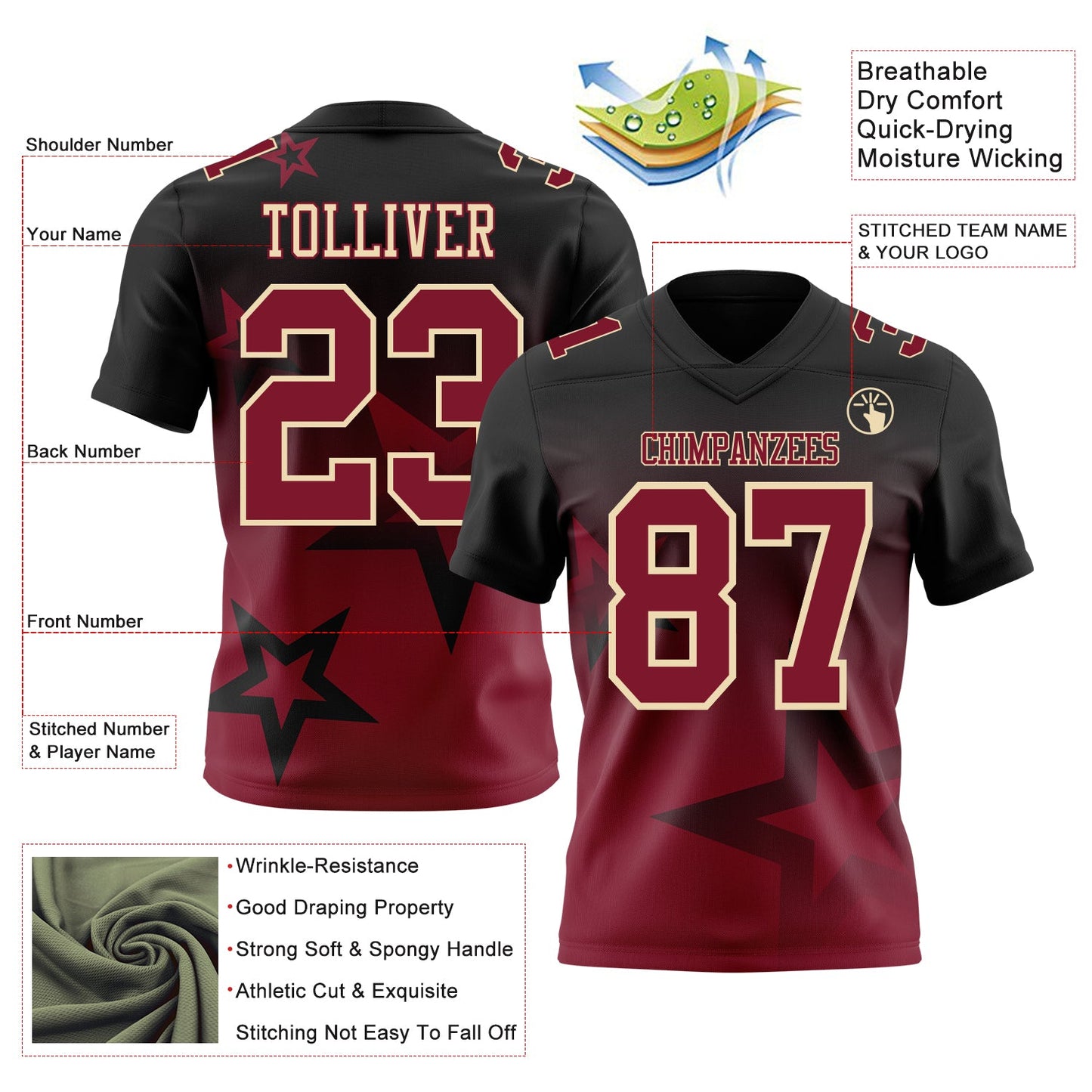 Custom Black Crimson-Cream Authentic Star Gradient 7V7 Flag Football Jersey view 2