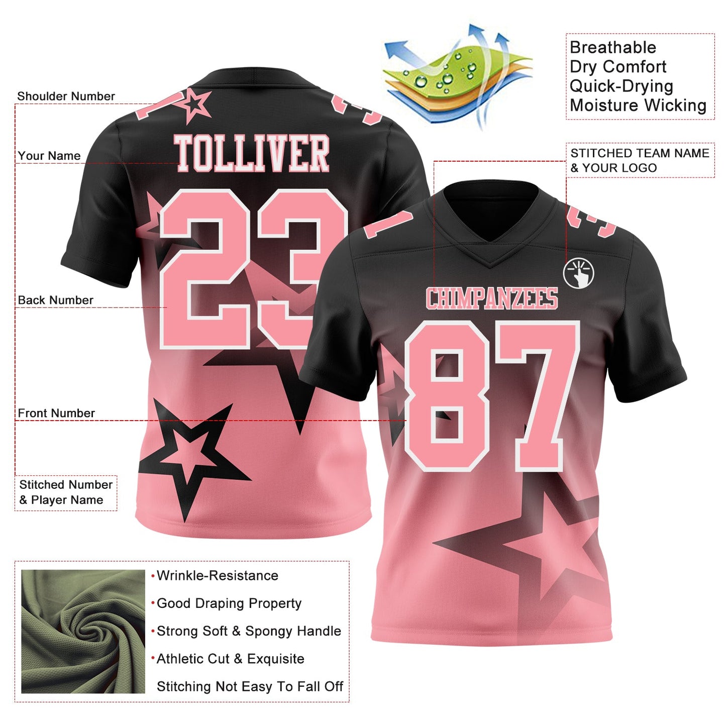 Custom Black Medium Pink-White Authentic Star Gradient 7V7 Flag Football Jersey view 2
