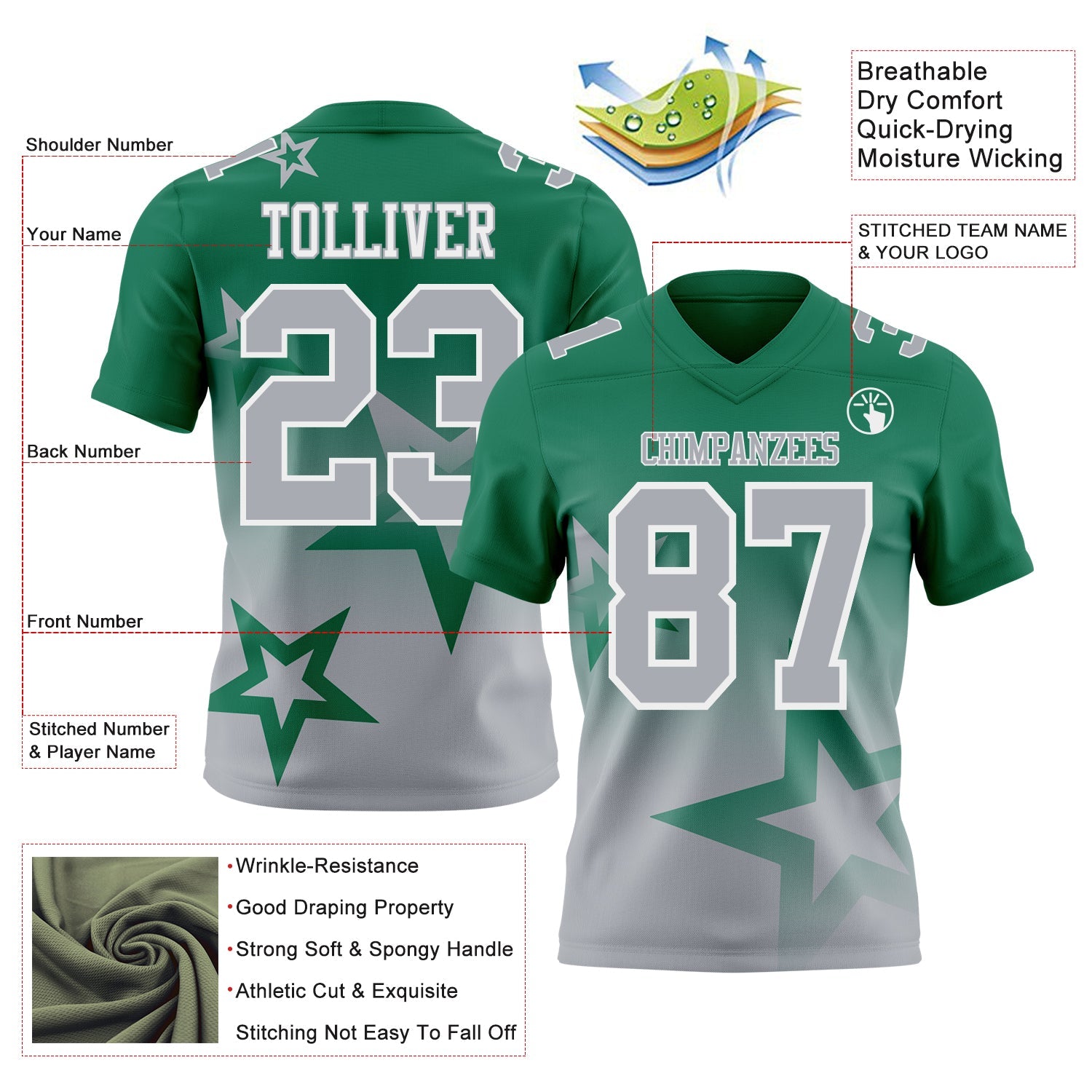 Custom Kelly Green Gray-White Authentic Star Gradient 7V7 Flag Football Jersey view 2