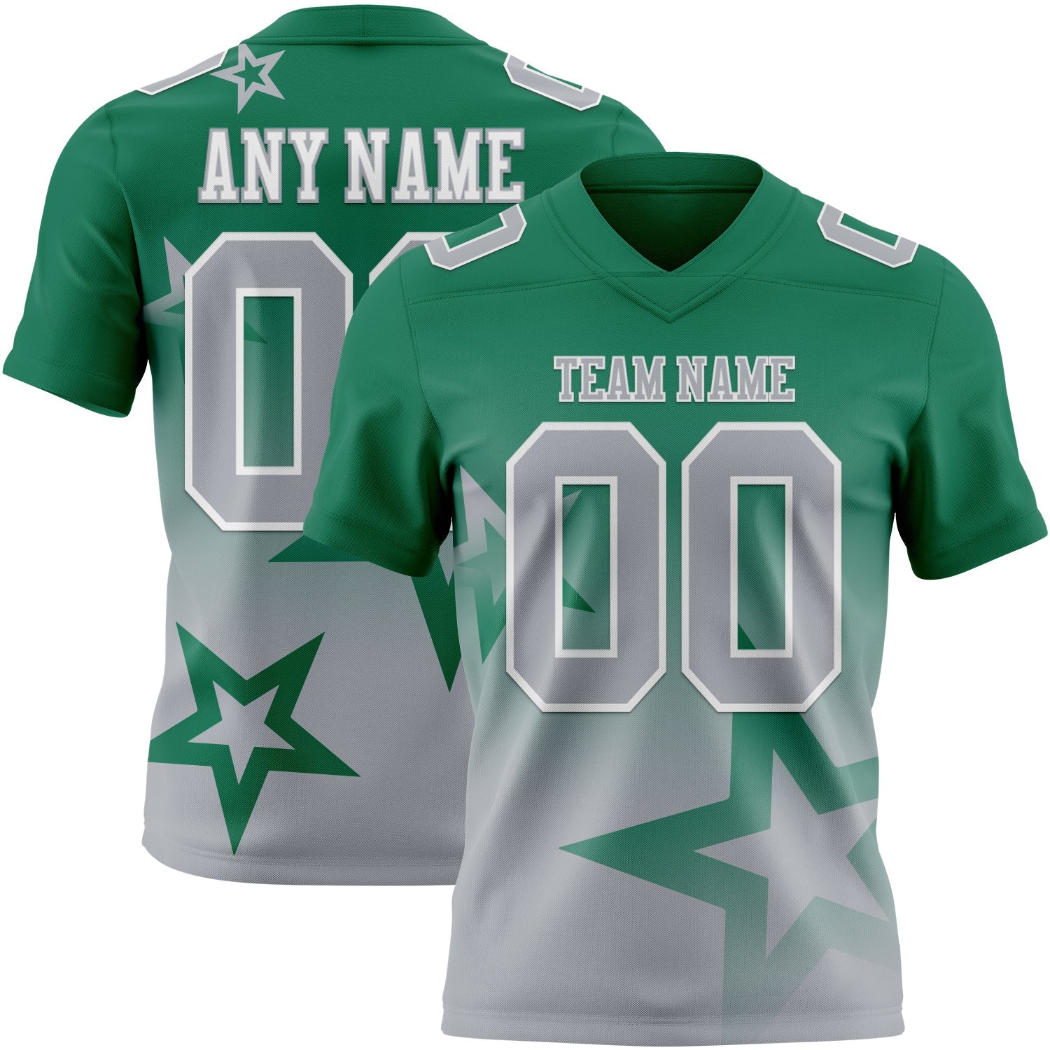 Custom Kelly Green Gray-White Authentic Star Gradient 7V7 Flag Football Jersey - Main View