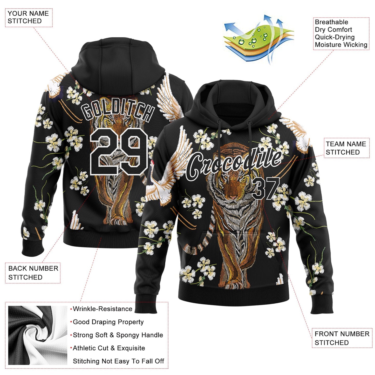 Custom Stitched Black White 3D Pattern Design Tiger And Crane Sports Pullover Sweatshirt Hoodie view 2