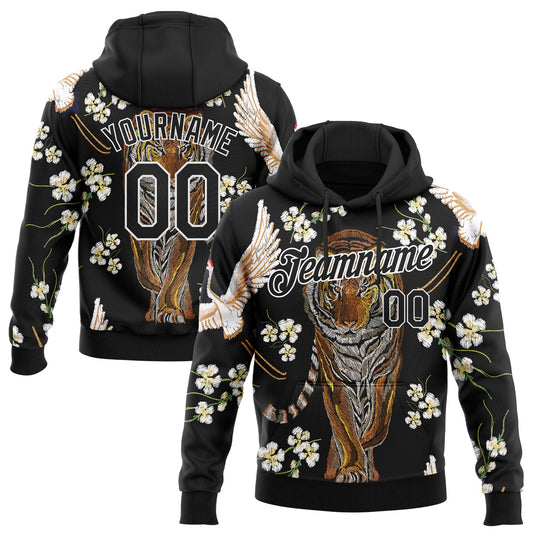 Custom Stitched Black White 3D Pattern Design Tiger And Crane Sports Pullover Sweatshirt Hoodie - Main View