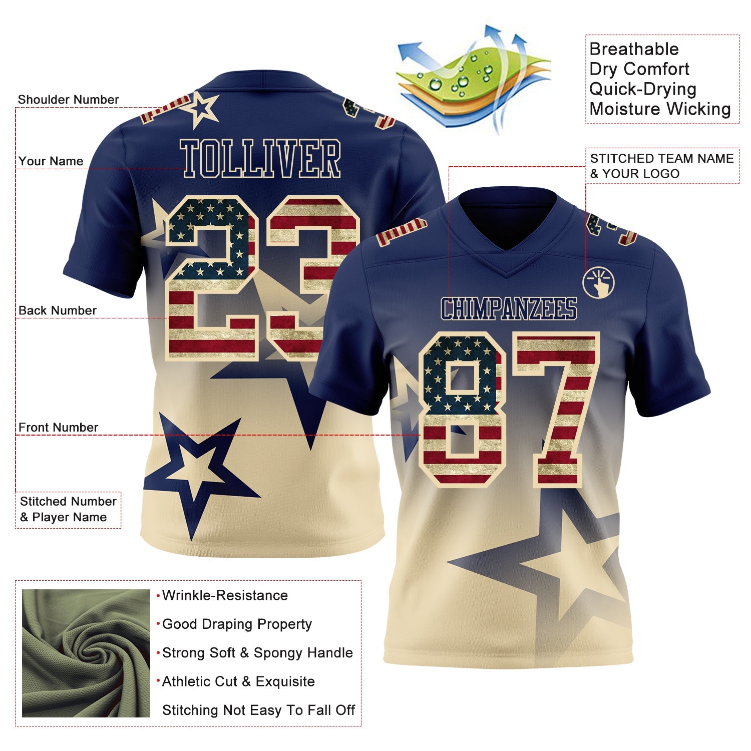 Custom Navy Vintage USA Flag-Cream Authentic Star Gradient 7V7 Flag Football Jersey view 2