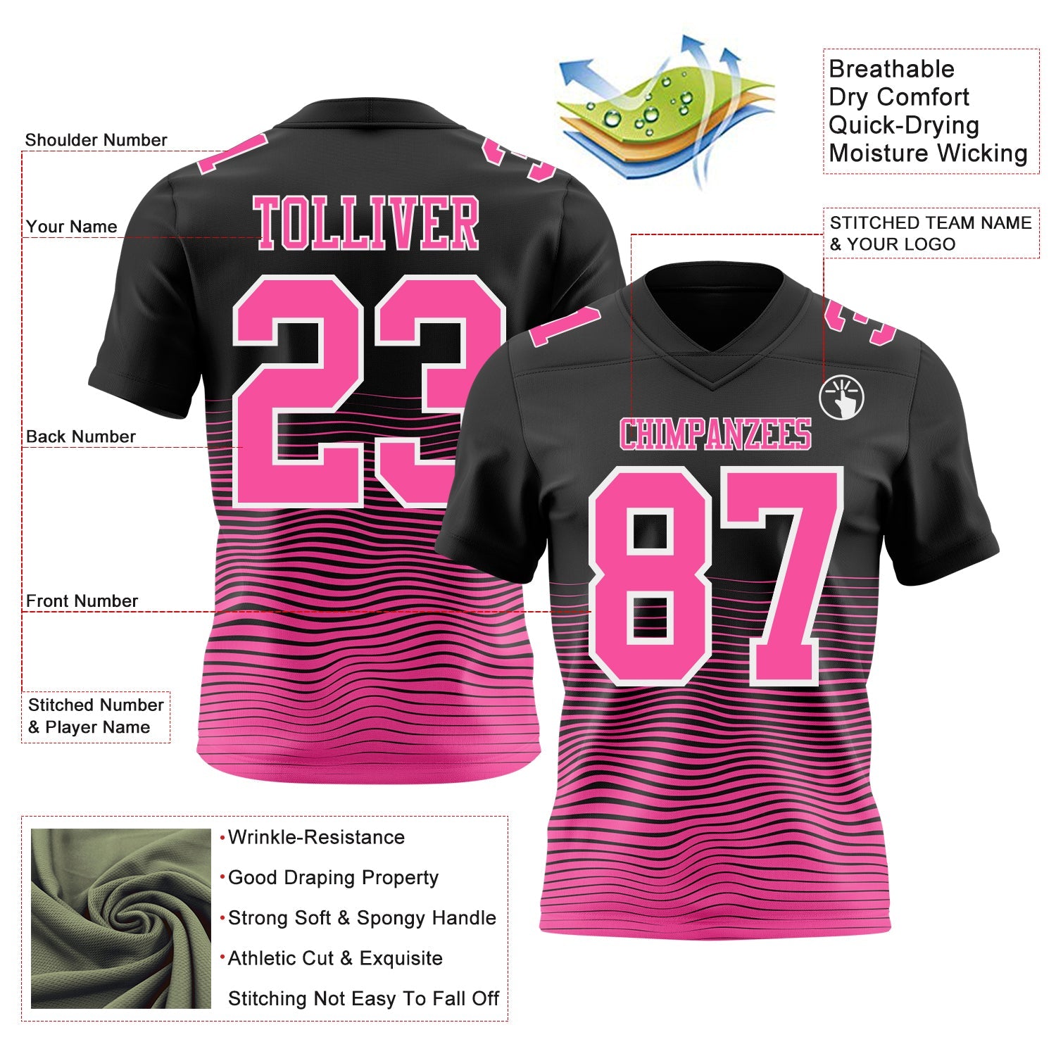 Custom Black Pink-White Authentic Fluid Wave Line Fade 7V7 Flag Football Jersey view 2