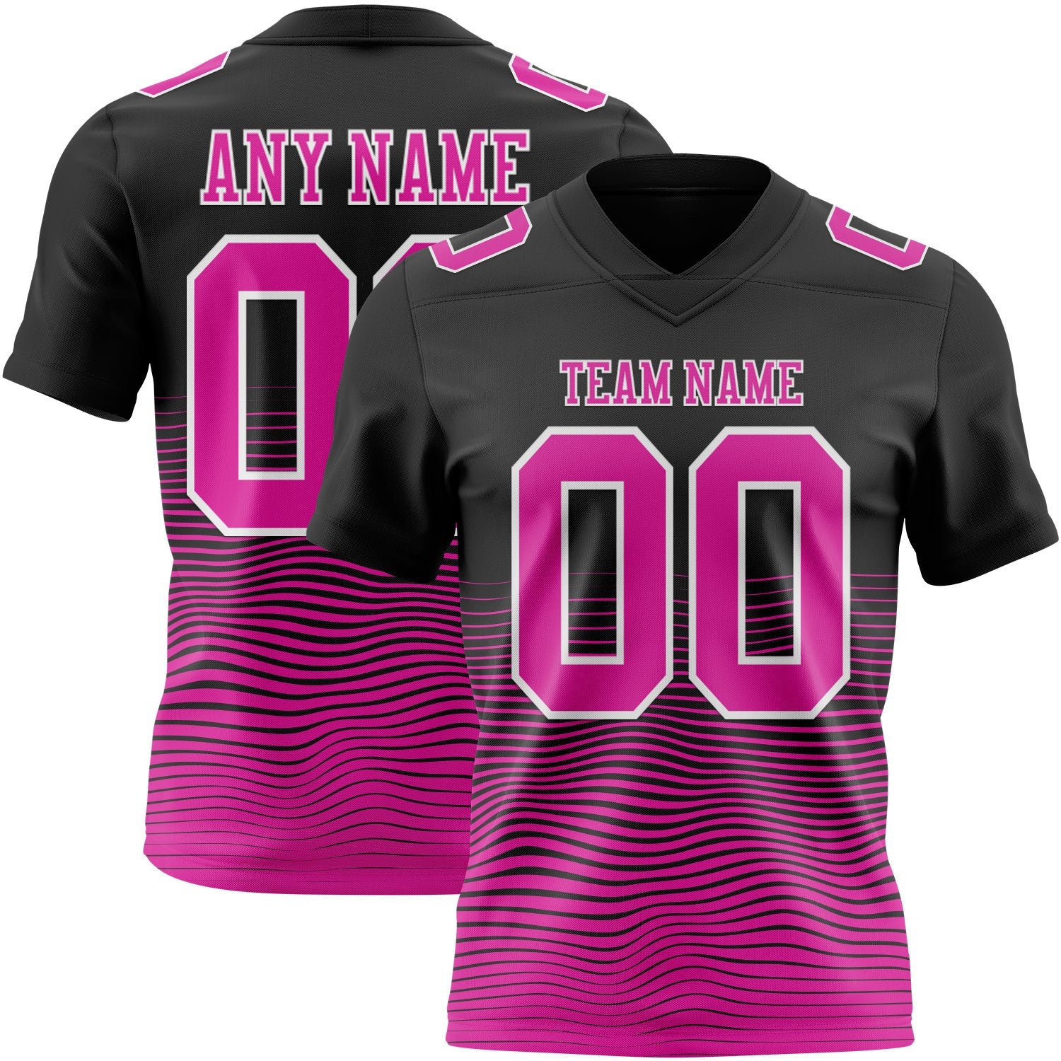 Custom Black Deep Pink-White Authentic Fluid Wave Line Fade 7V7 Flag Football Jersey - Main View
