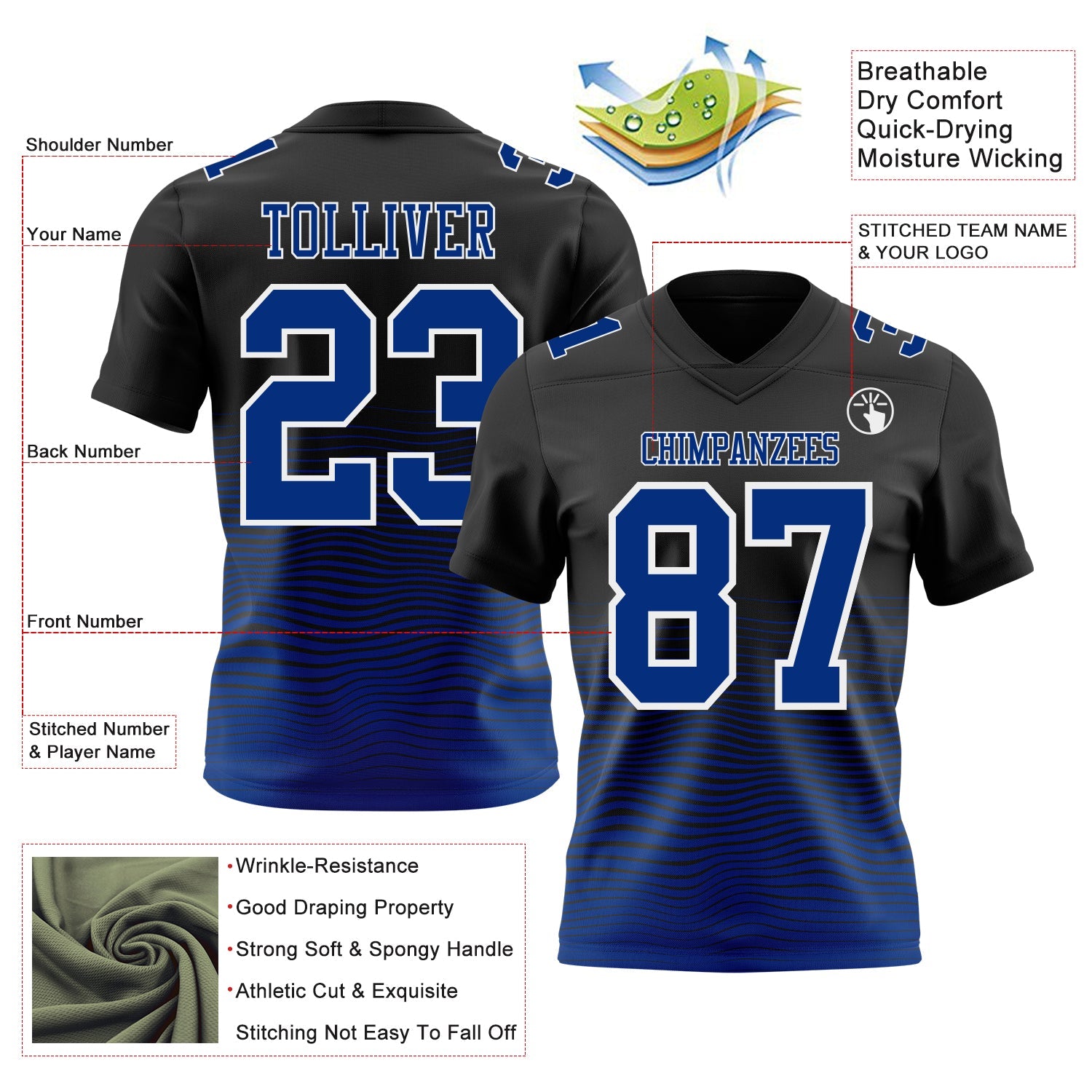 Custom Black Royal-White Authentic Fluid Wave Line Fade 7V7 Flag Football Jersey view 2