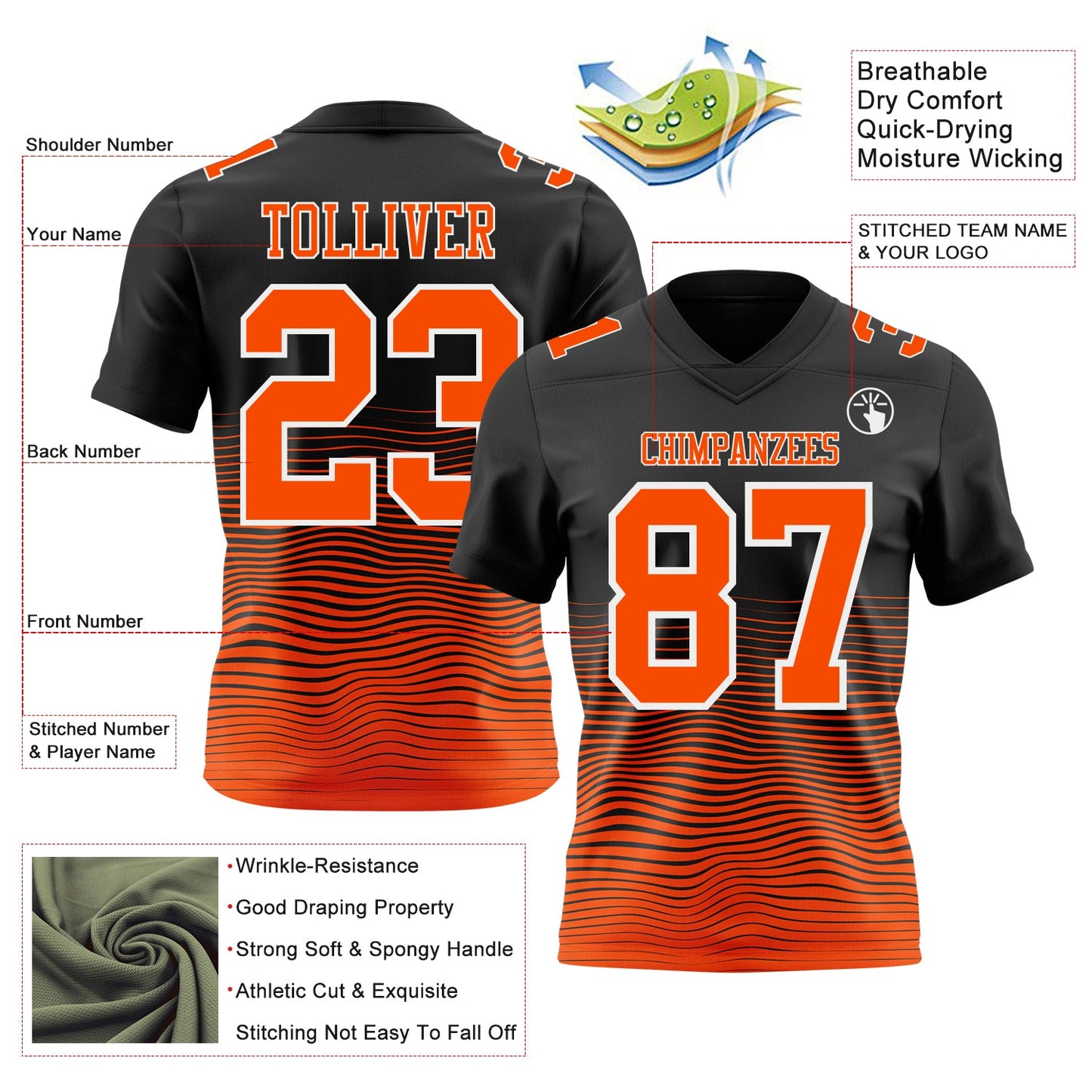 Custom Black Orange-White Authentic Fluid Wave Line Fade 7V7 Flag Football Jersey view 2