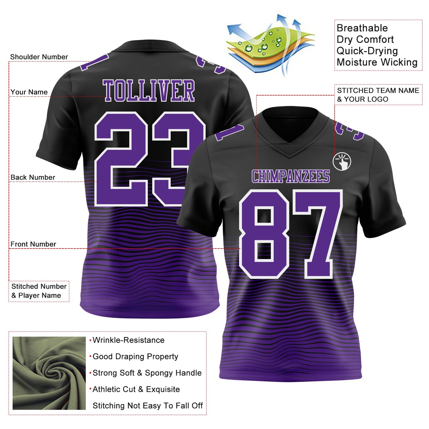 Custom Black Purple-White Authentic Fluid Wave Line Fade 7V7 Flag Football Jersey view 2