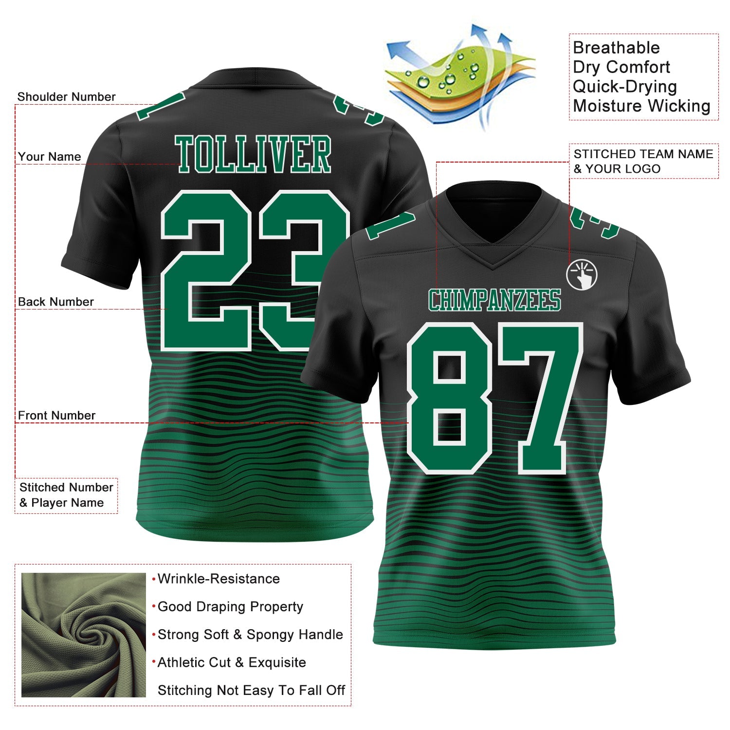 Custom Black Kelly Green-White Authentic Fluid Wave Line Fade 7V7 Flag Football Jersey view 2